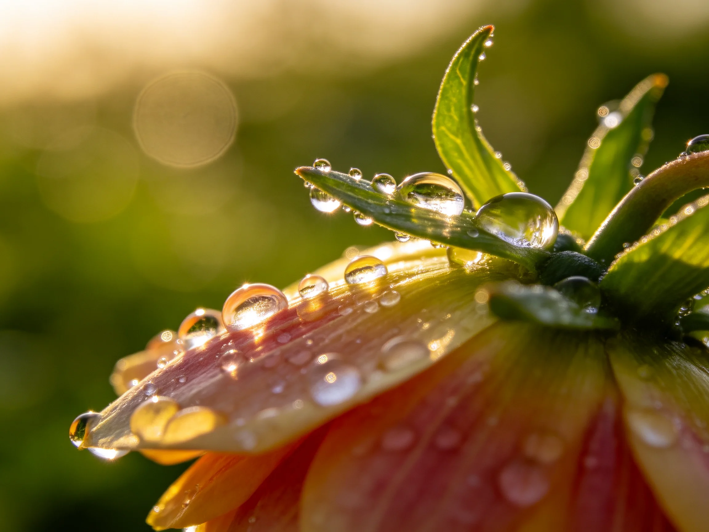 Dewdrops glisten on a pink-orange flower with green leaves