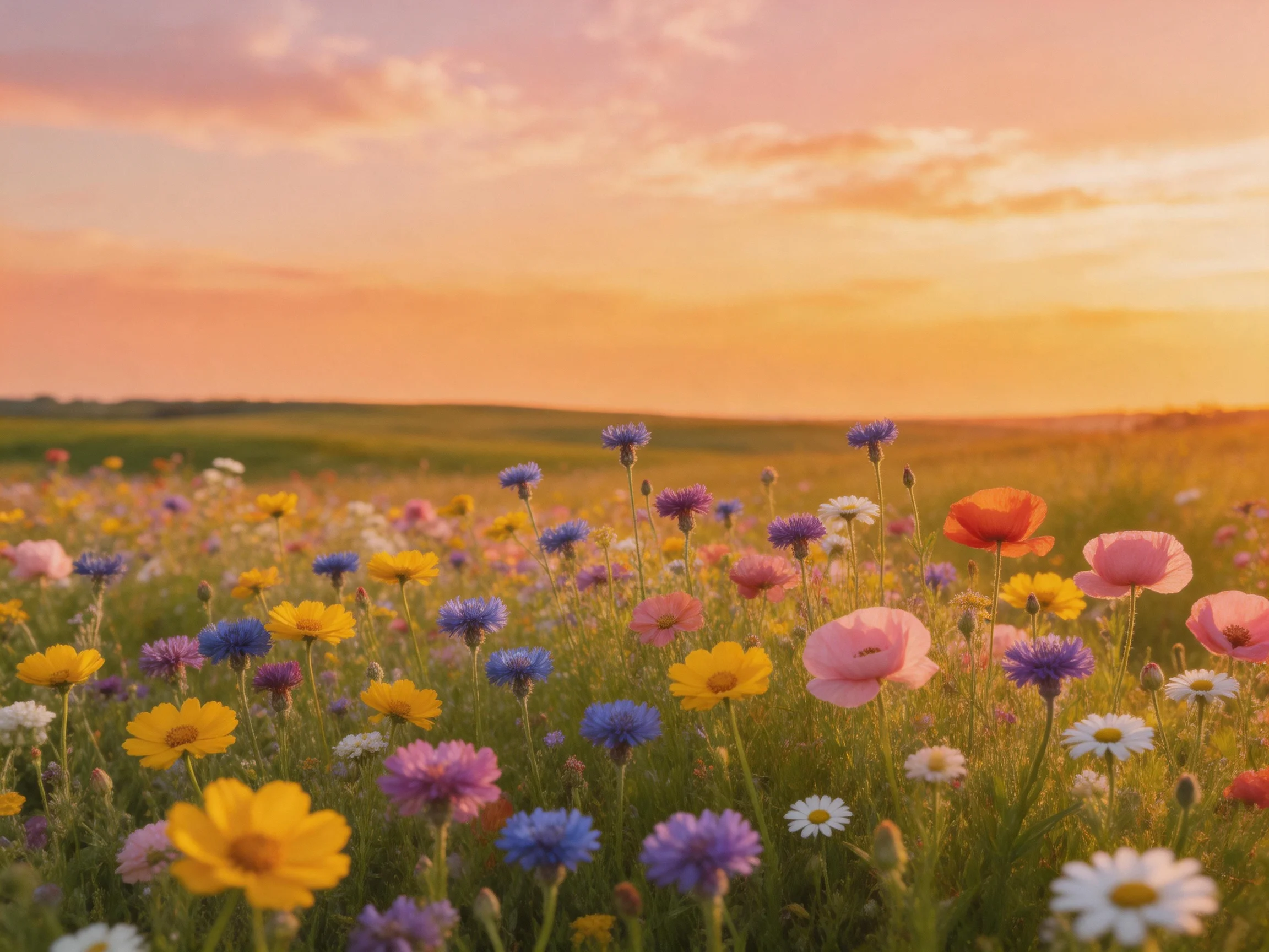 Diverse colorful wildflowers fill a sunlit meadow at sunset