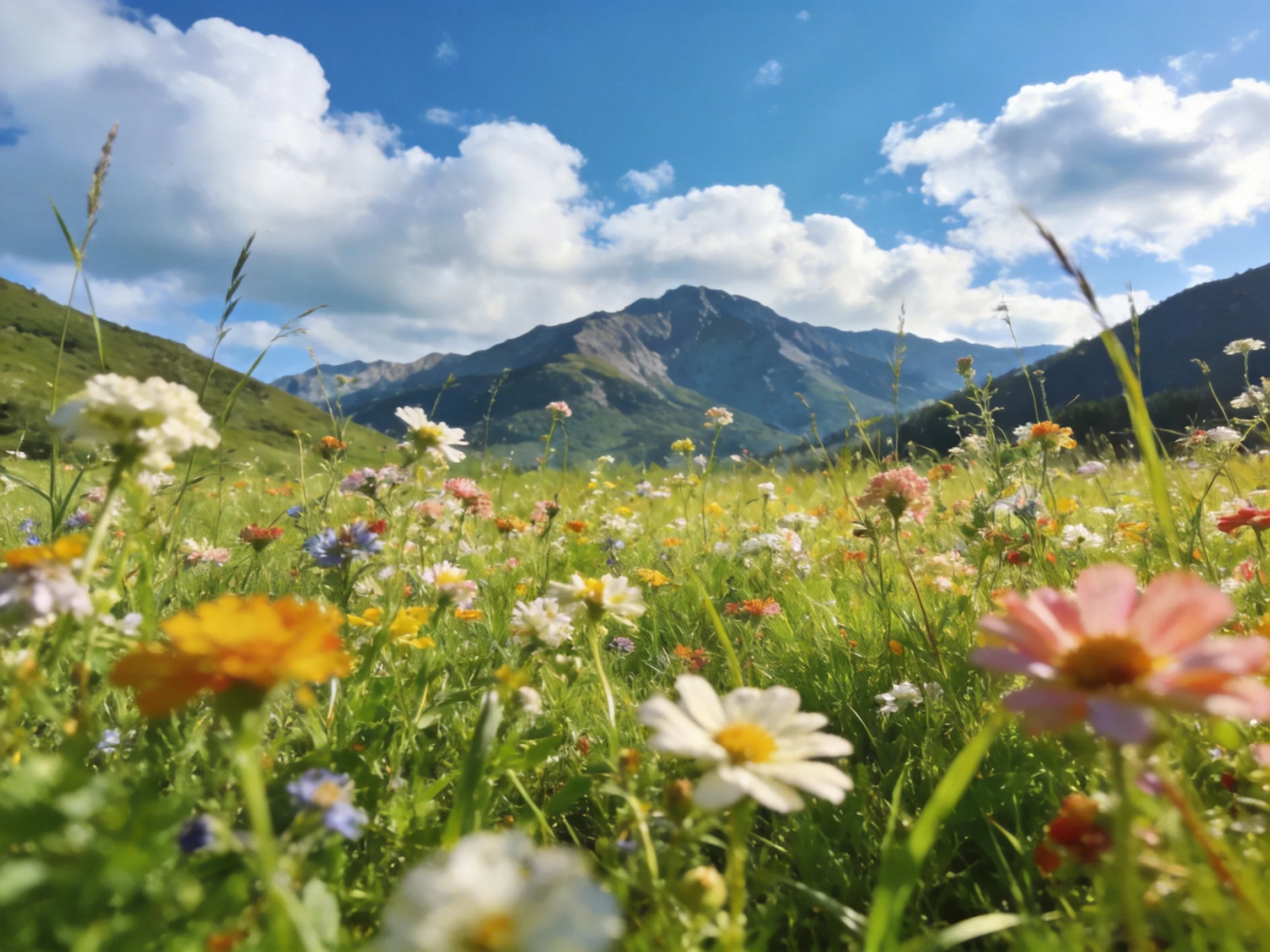 Diverse wildflowers thrive in a sunlit meadow beside majestic mountains