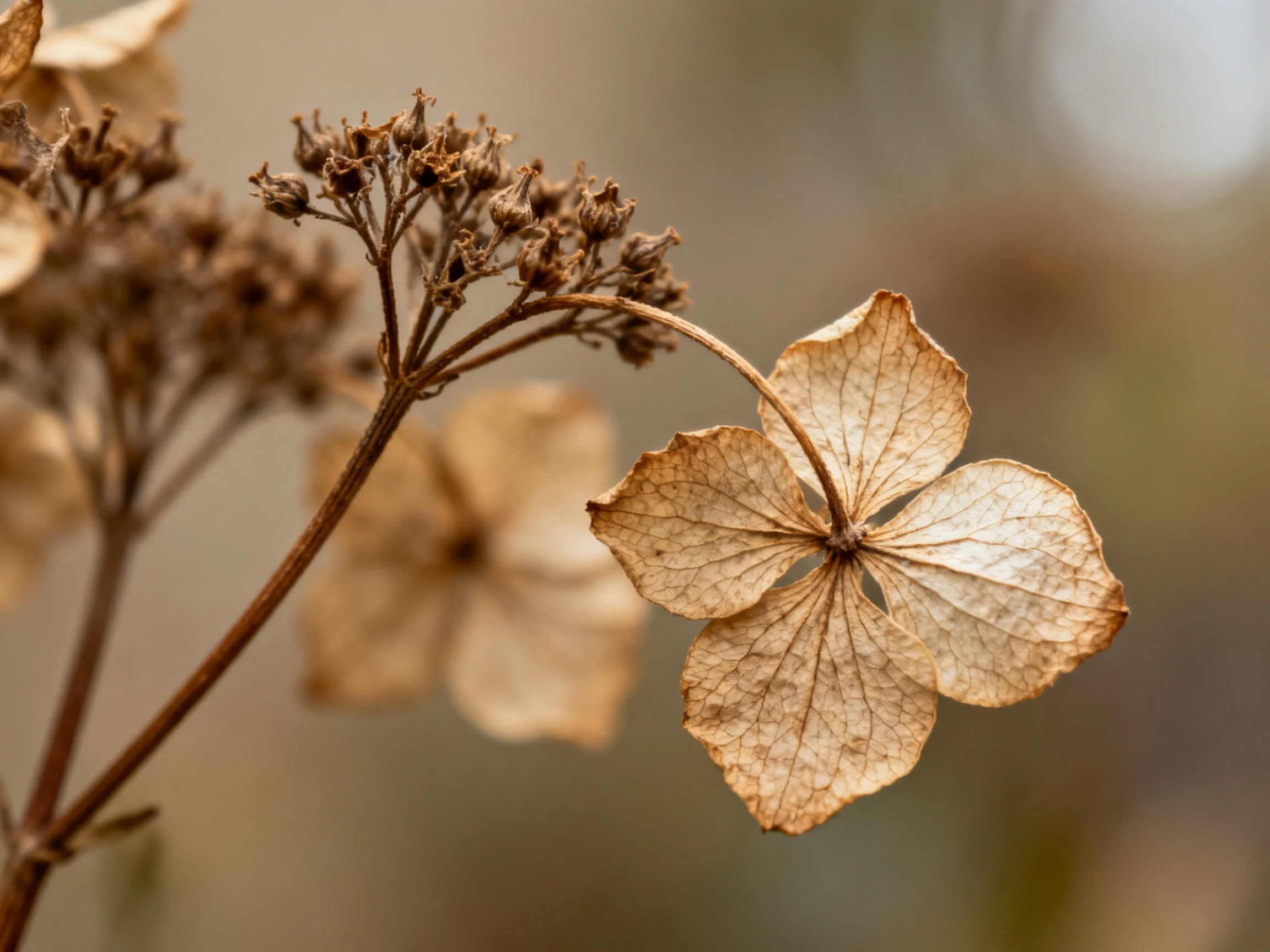 Dried Hydrangea Blossoms with Brown Petals and Faded Buds