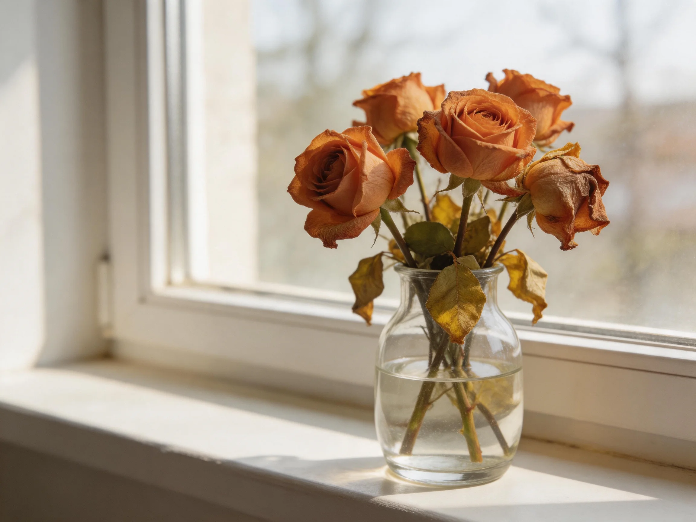 Dried orange roses arranged in a clear glass vase on a windowsill