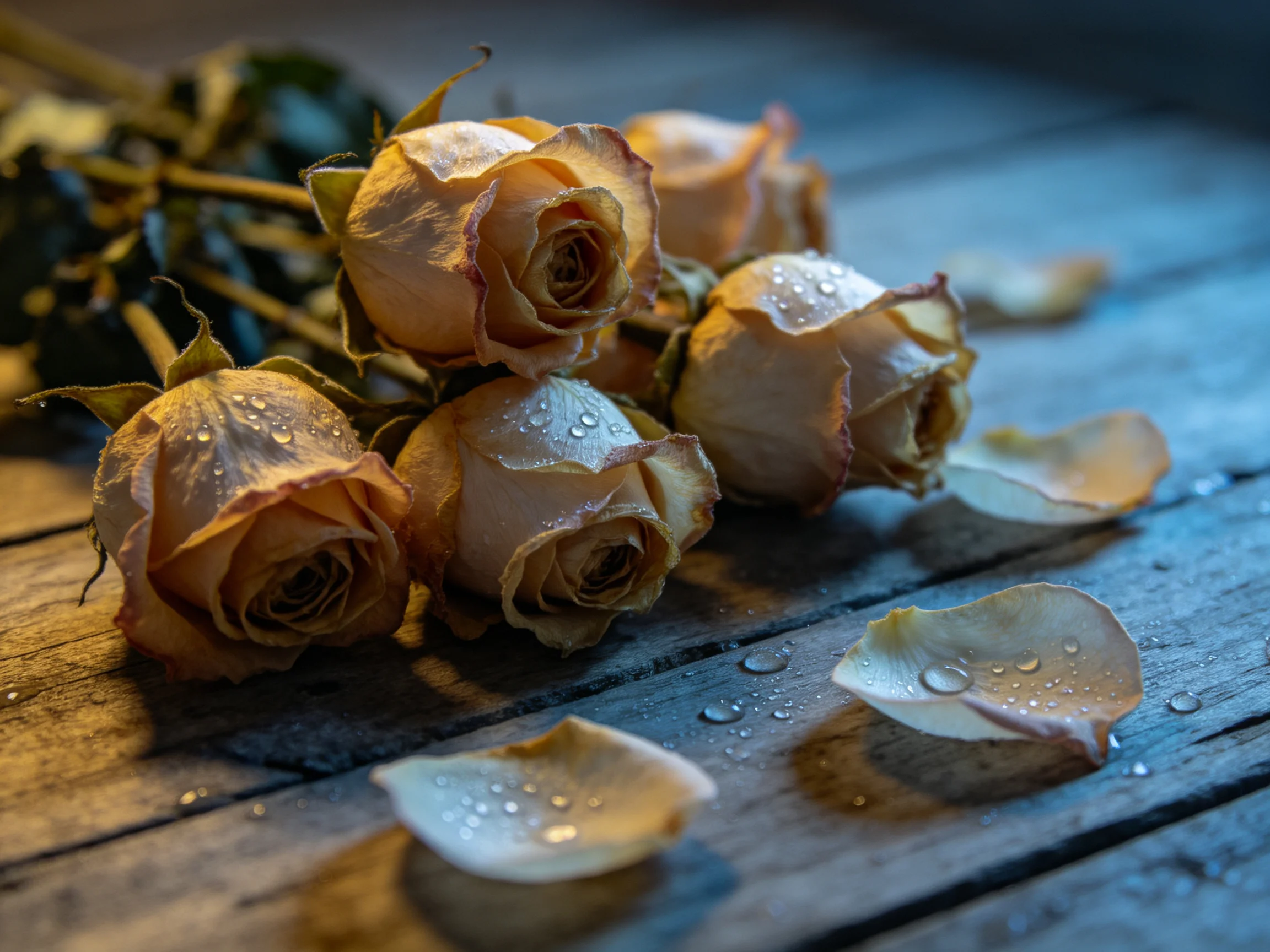 Dried peach roses with water droplets on a weathered wood table