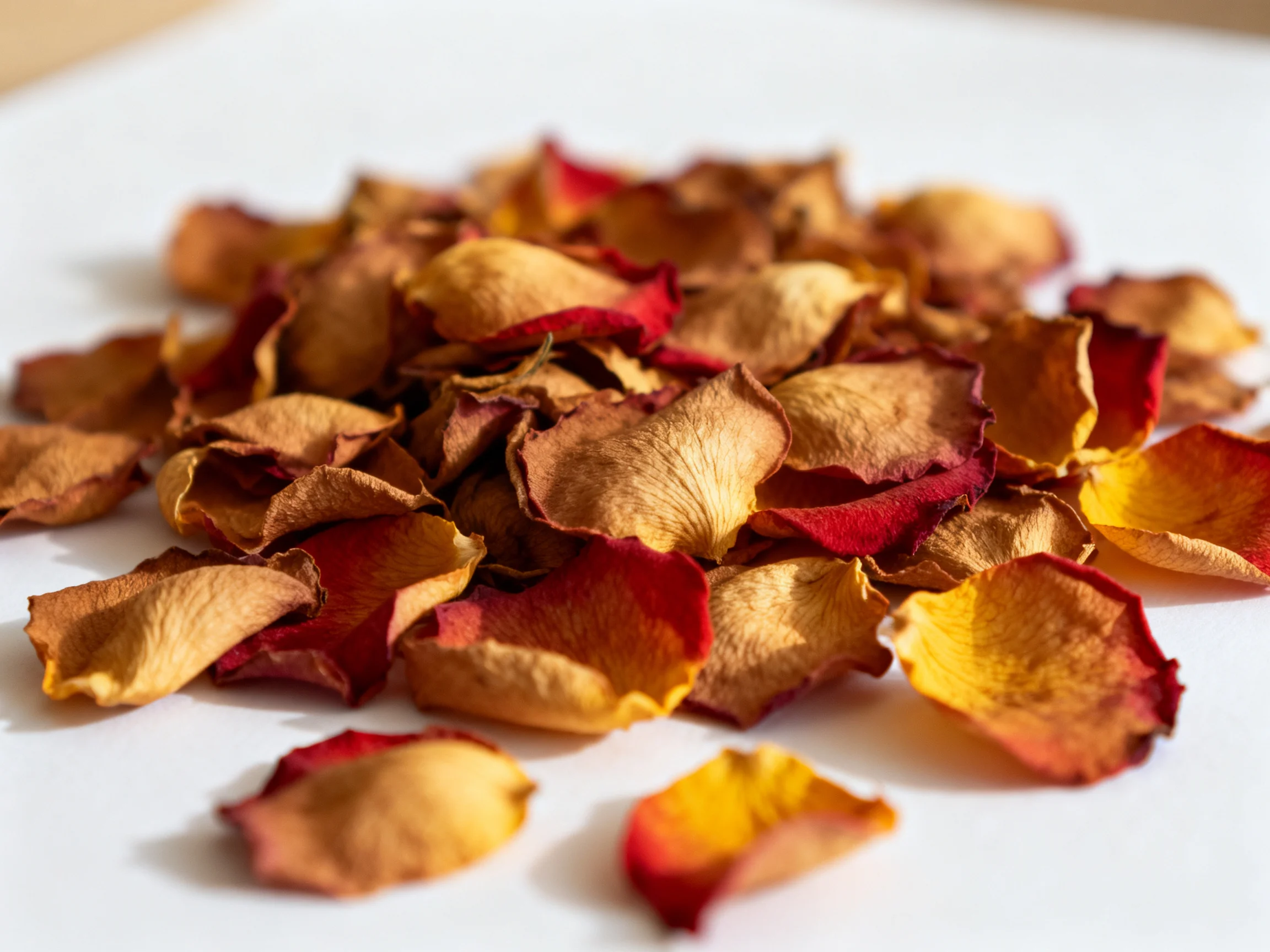 Dried rose petals in earthy browns, reds, and yellows scattered on white