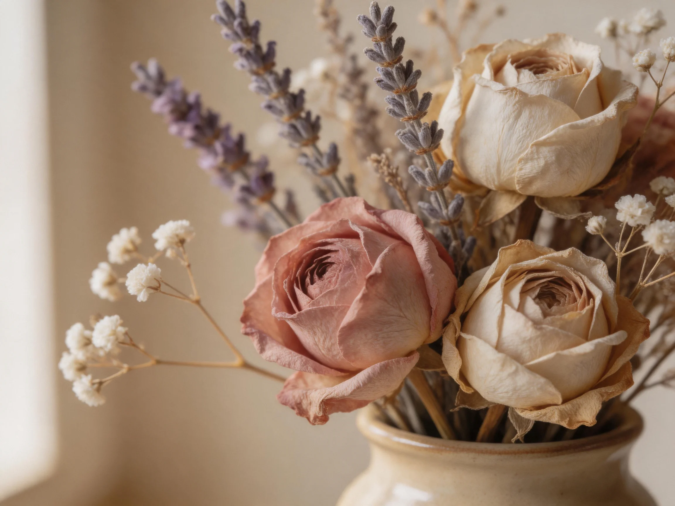 Dried roses, lavender, and baby’s breath in a beige vase