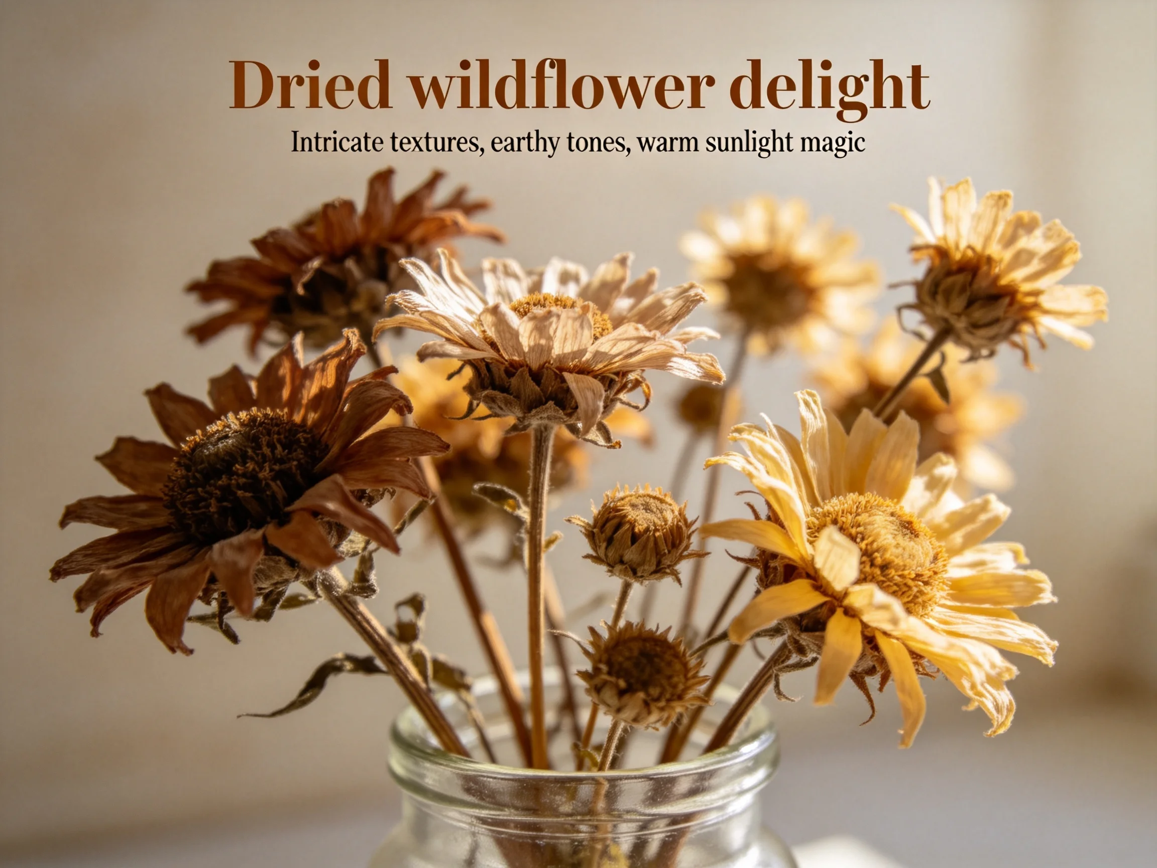 Dried wildflower bouquet with earthy browns and golden tones