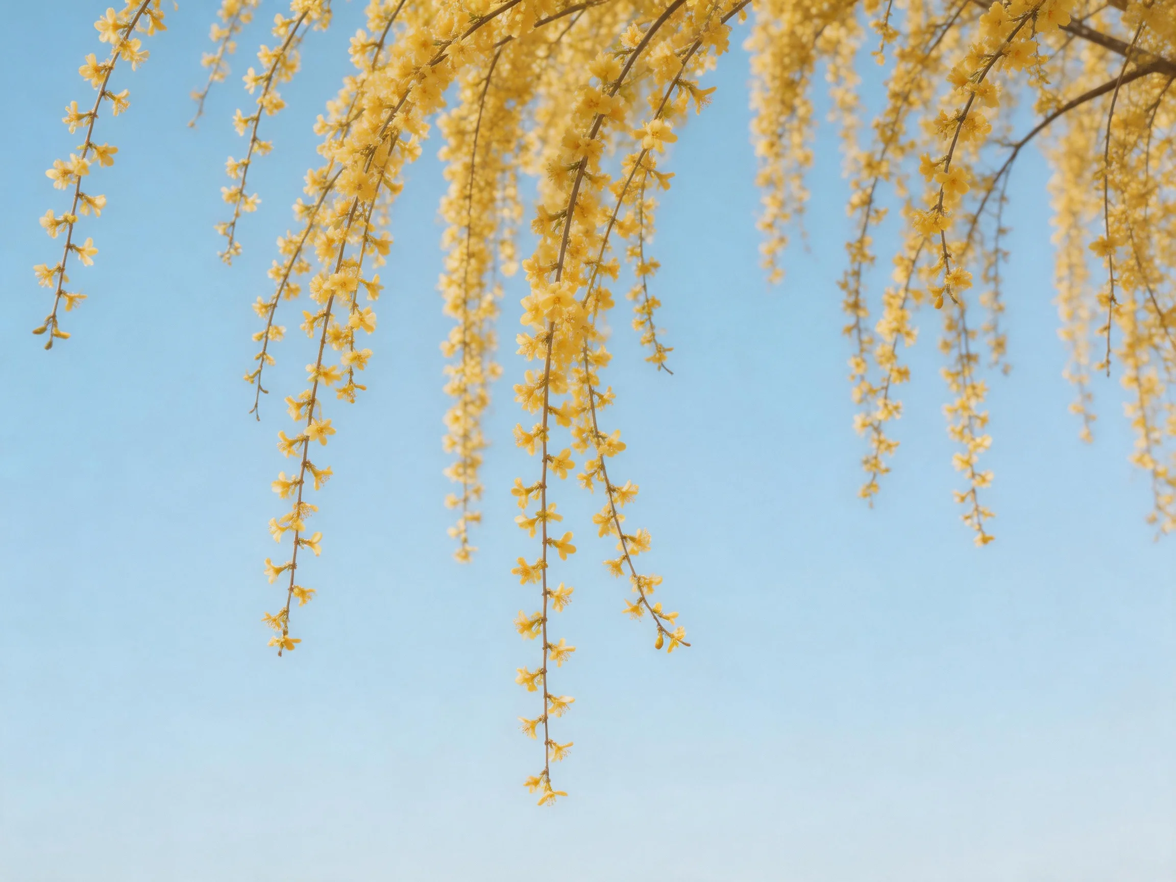 Drooping yellow flower clusters hang beneath a clear blue sky