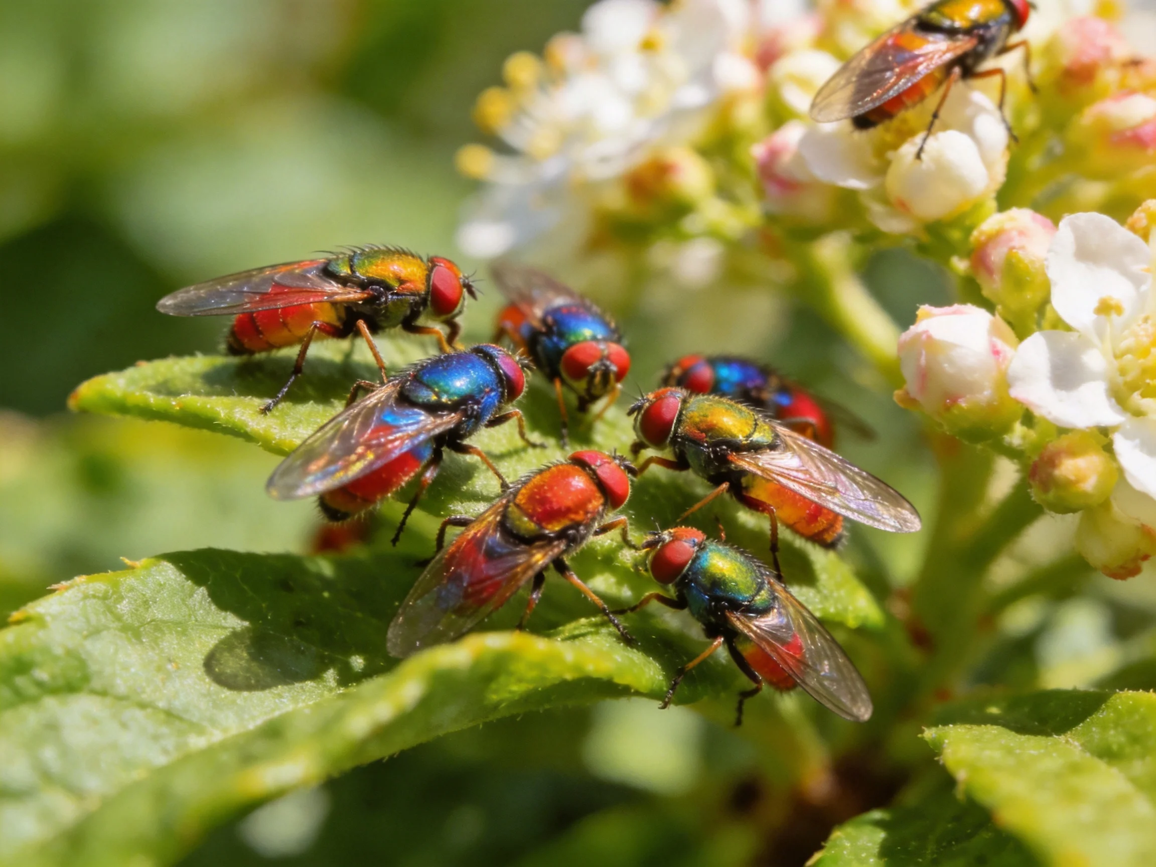 Eight iridescent flies gather near white blooms and a green leaf