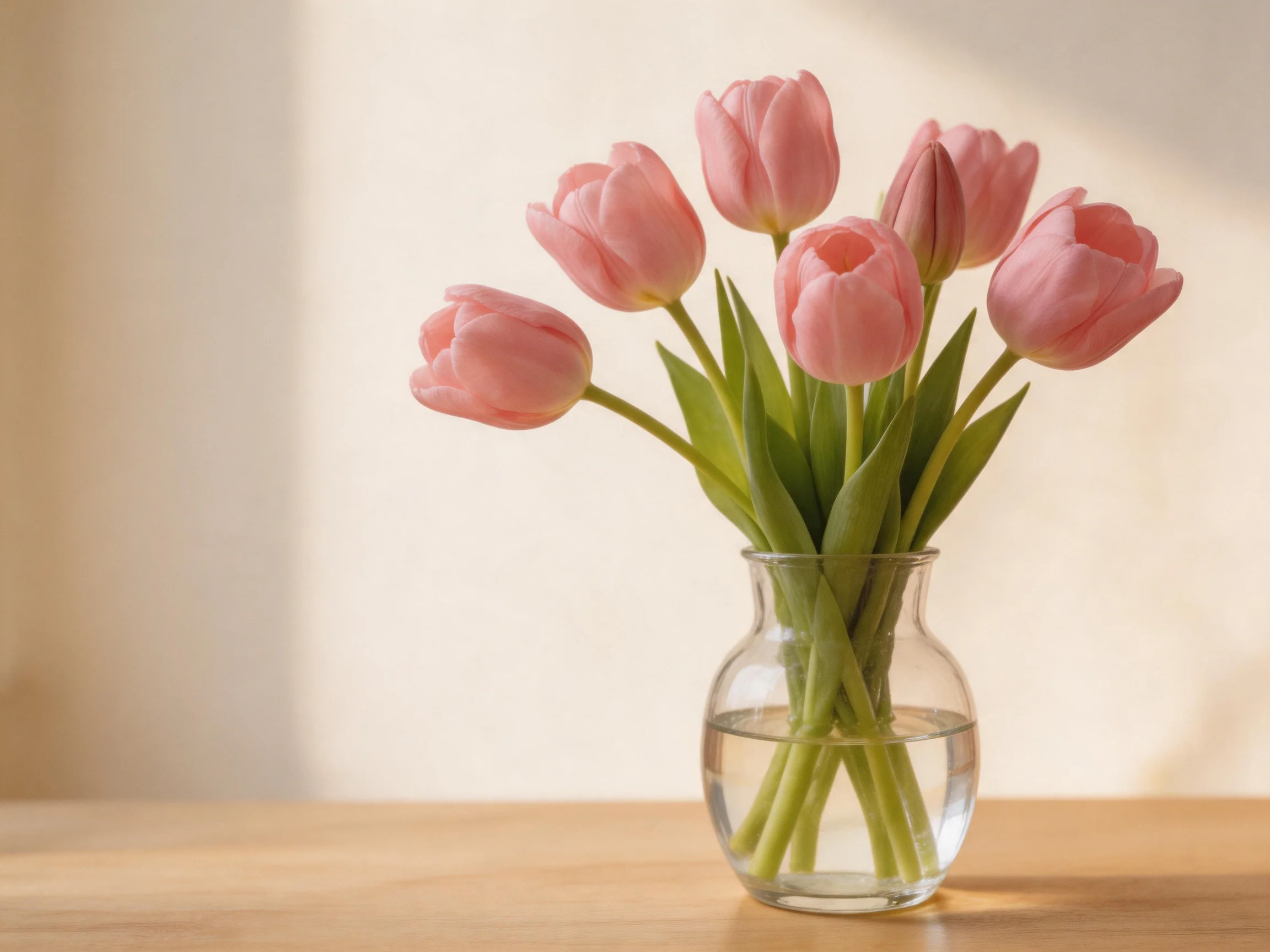 Eight pink tulips arranged in a clear glass vase