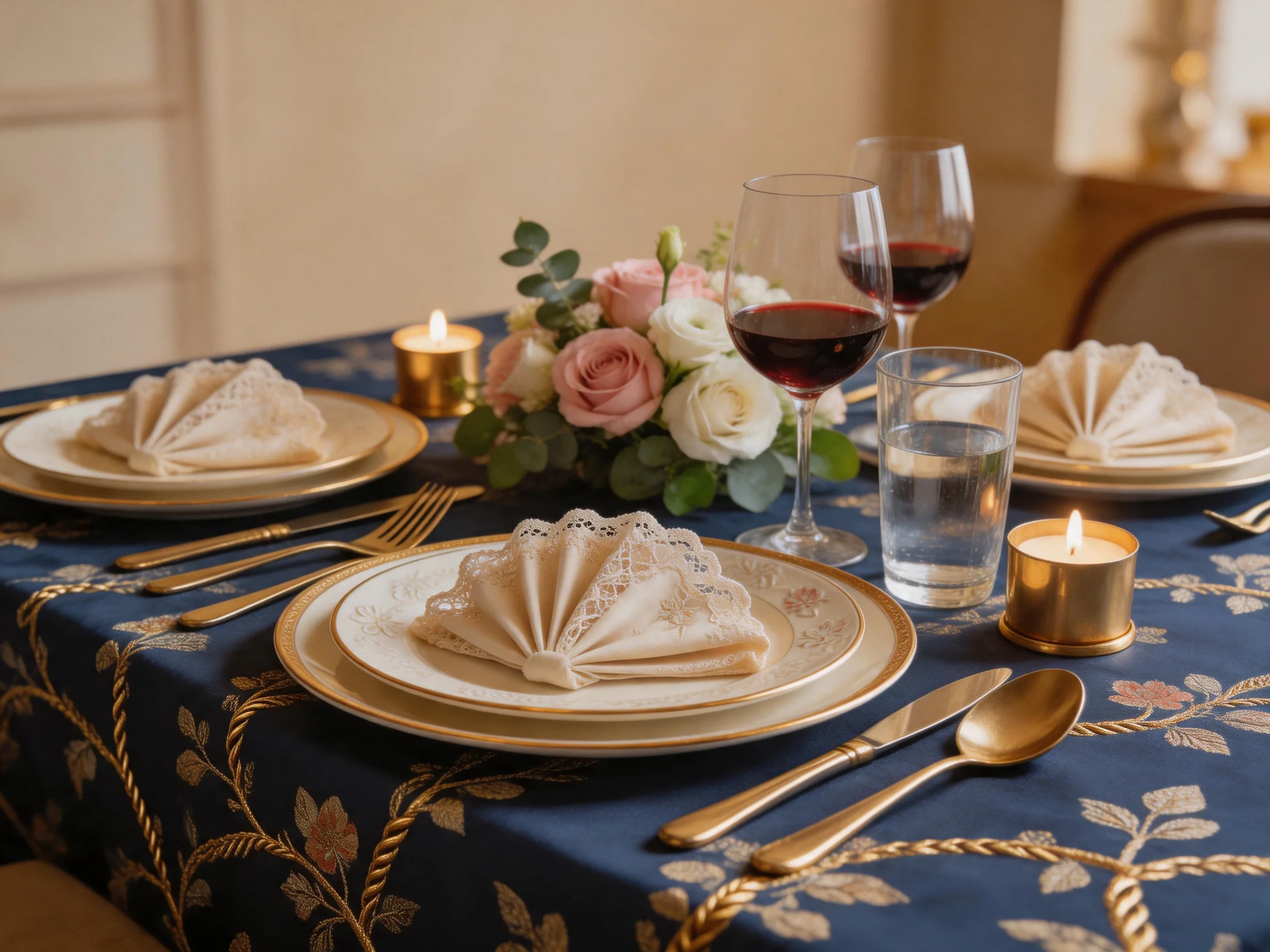 Elegant dining table with navy cloth, goldware, and floral centerpiece