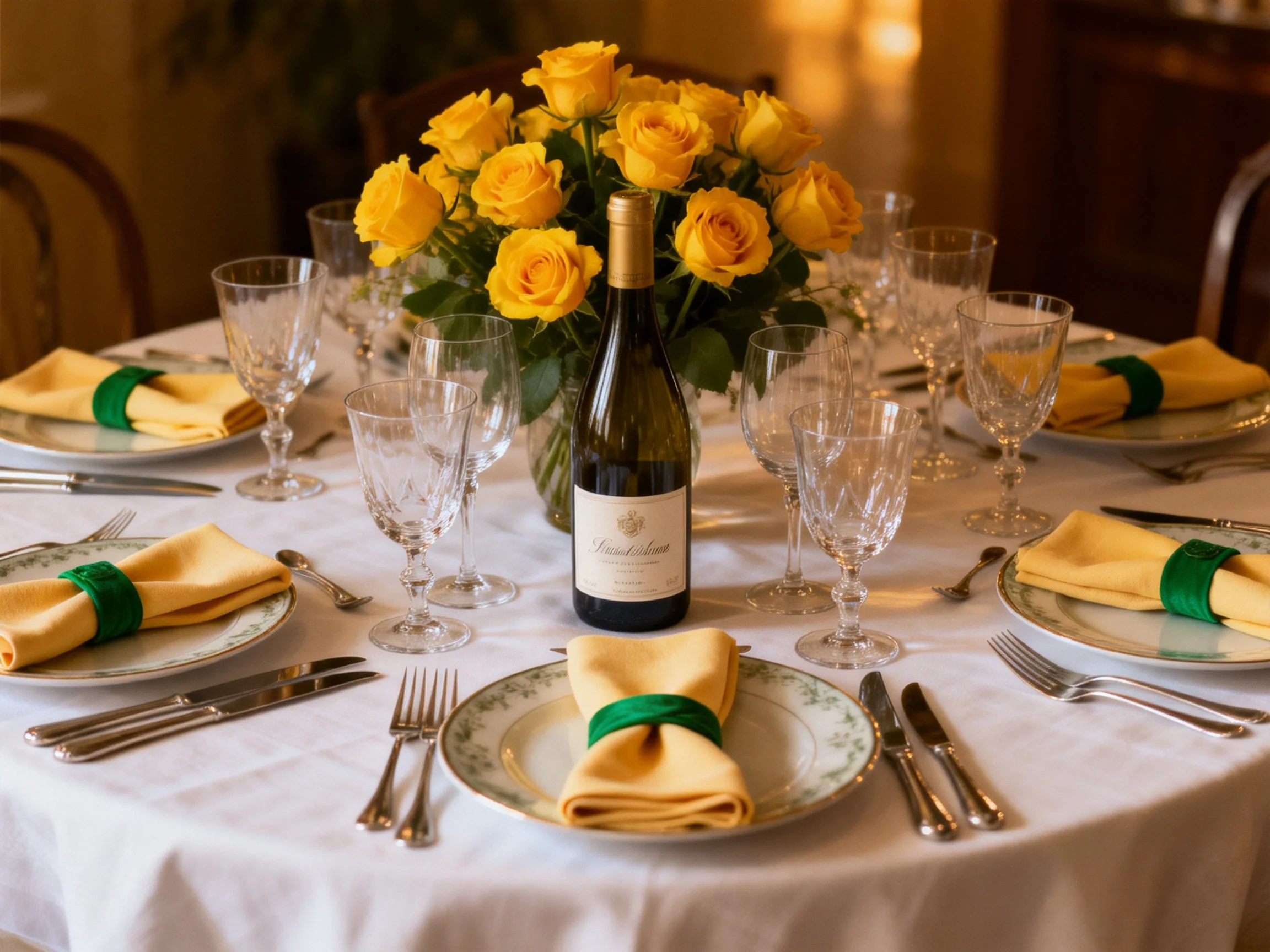 Elegant dinner table with yellow roses, white linens, and crystal glassware