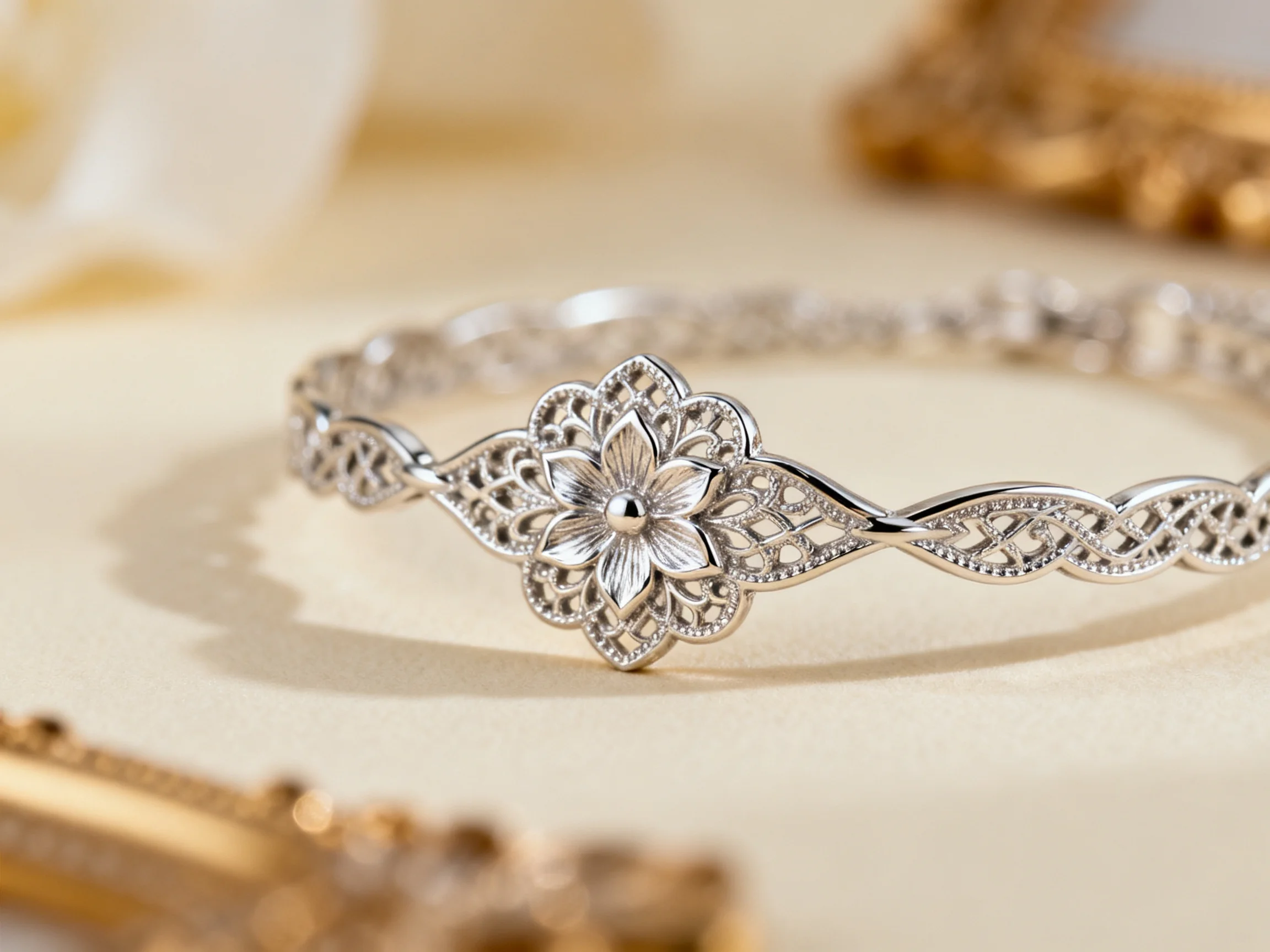 Elegant silver filigree bracelet with central floral detail