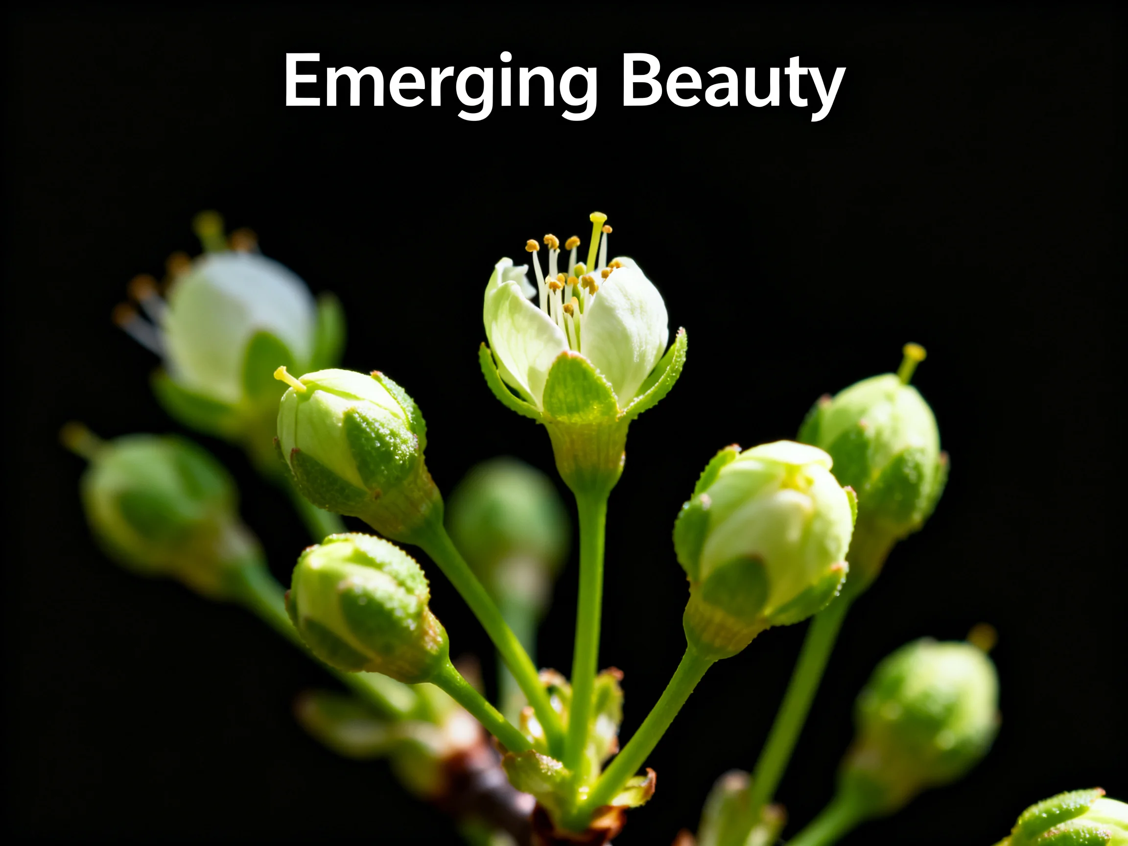 Emerging White FlowerBuds with Green Stems on Dark Background