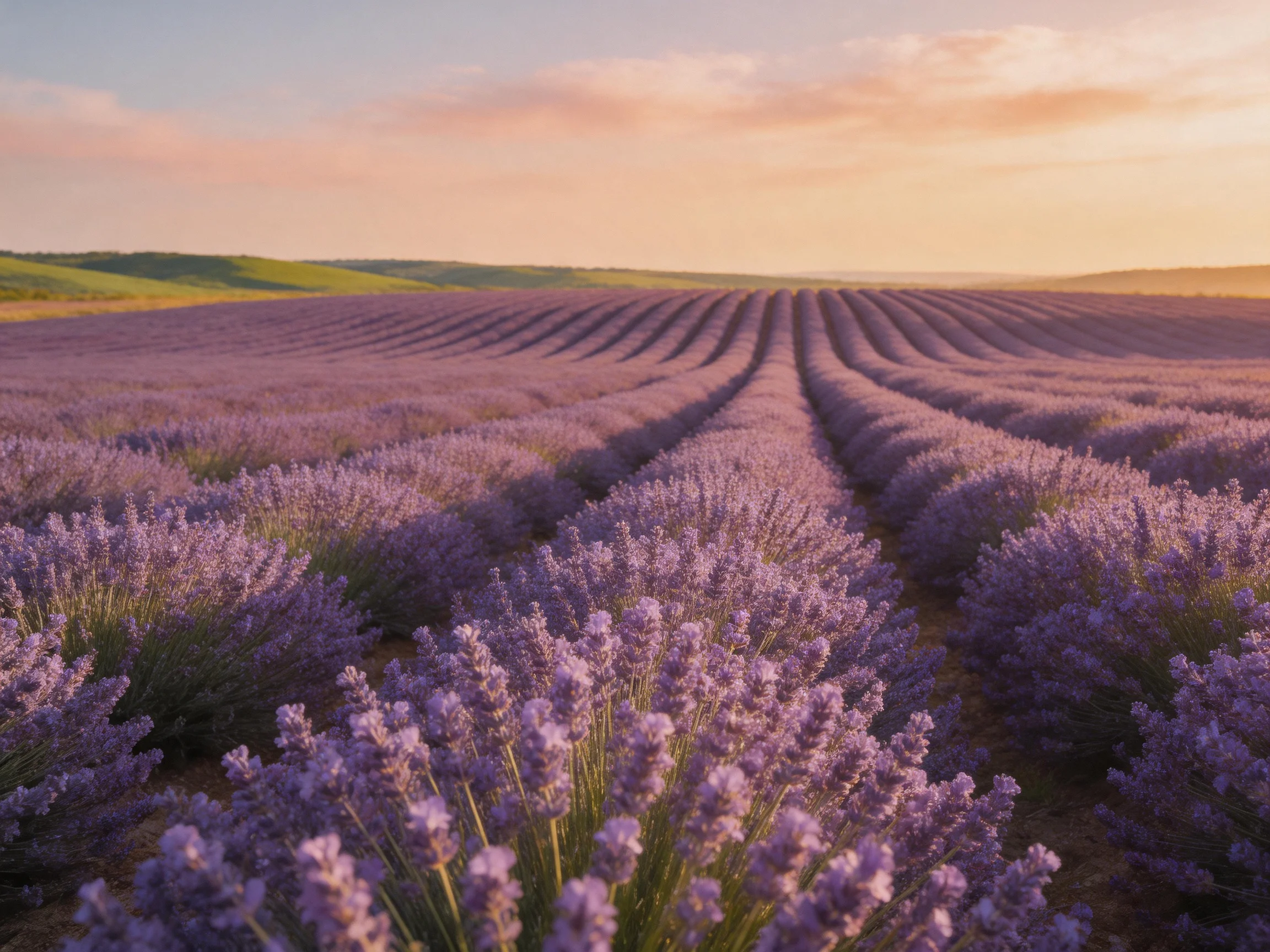 Endless rows of vibrant purple lavender stretch toward rolling green hills under a warm sunset sky