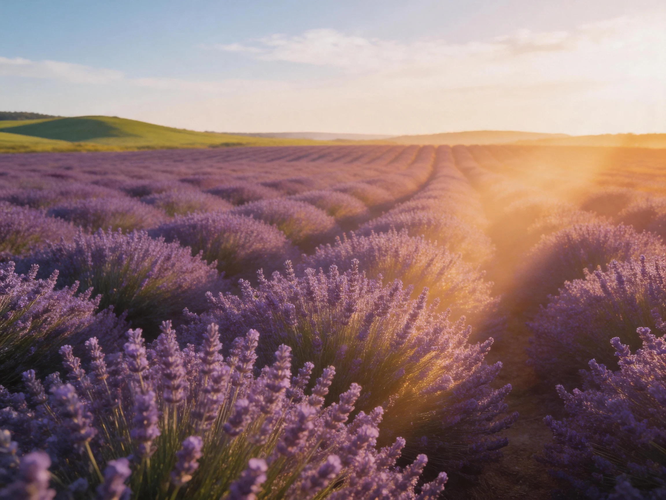 Expansive lavender field glowing under golden sunset light