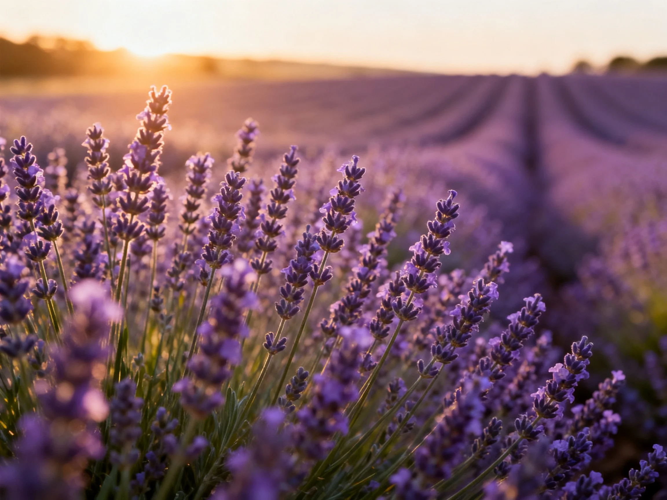 Expansive lavender field glowing under golden sunset