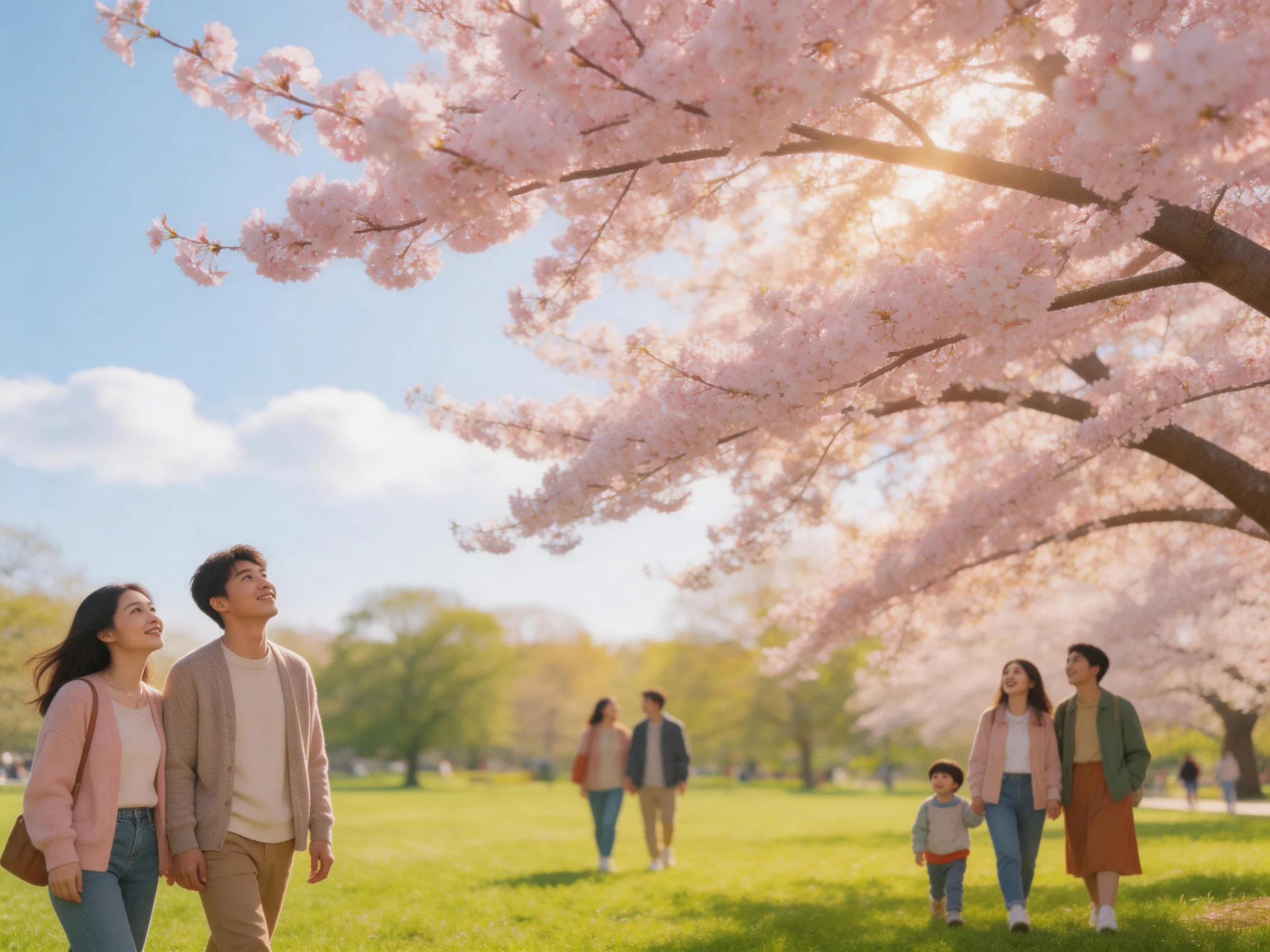 Families stroll beneath blooming pink cherry blossom trees in a sunny park.
