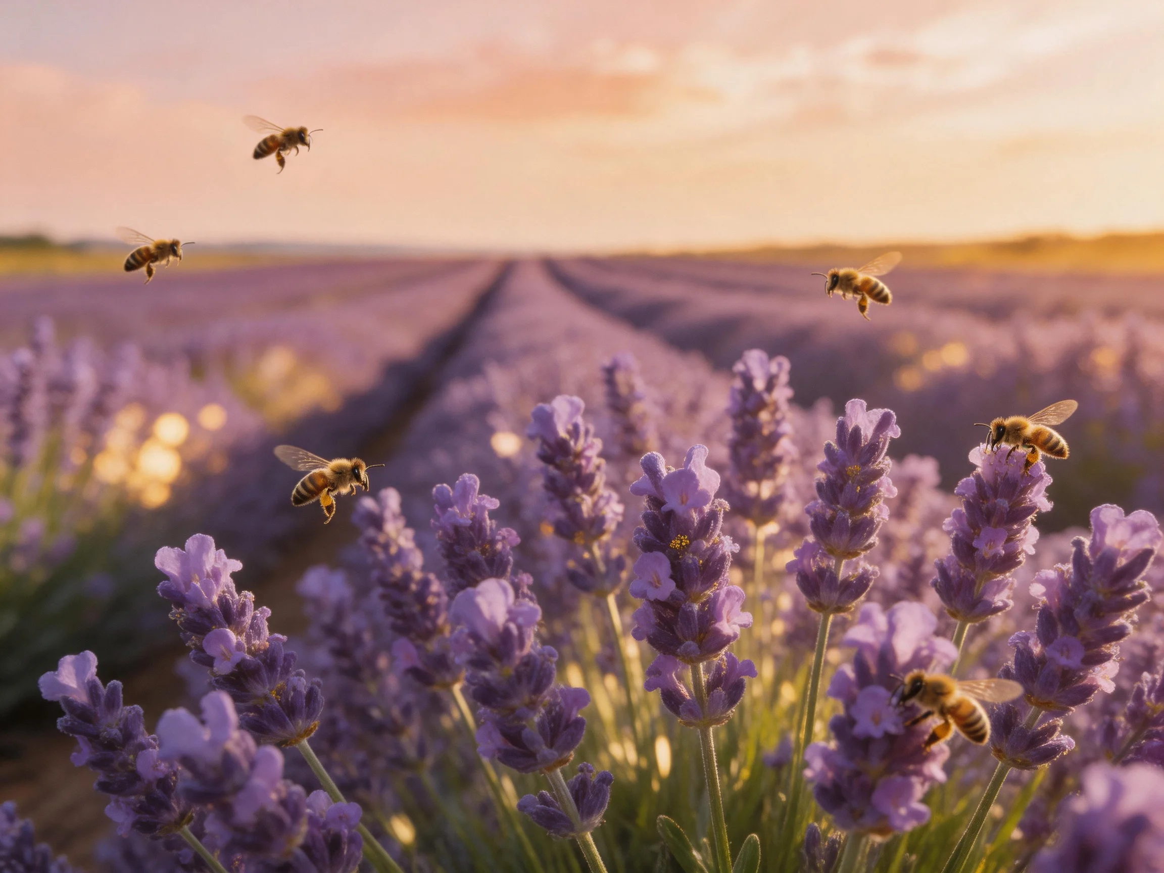 Five bees buzz over blooming lavender fields at sunset