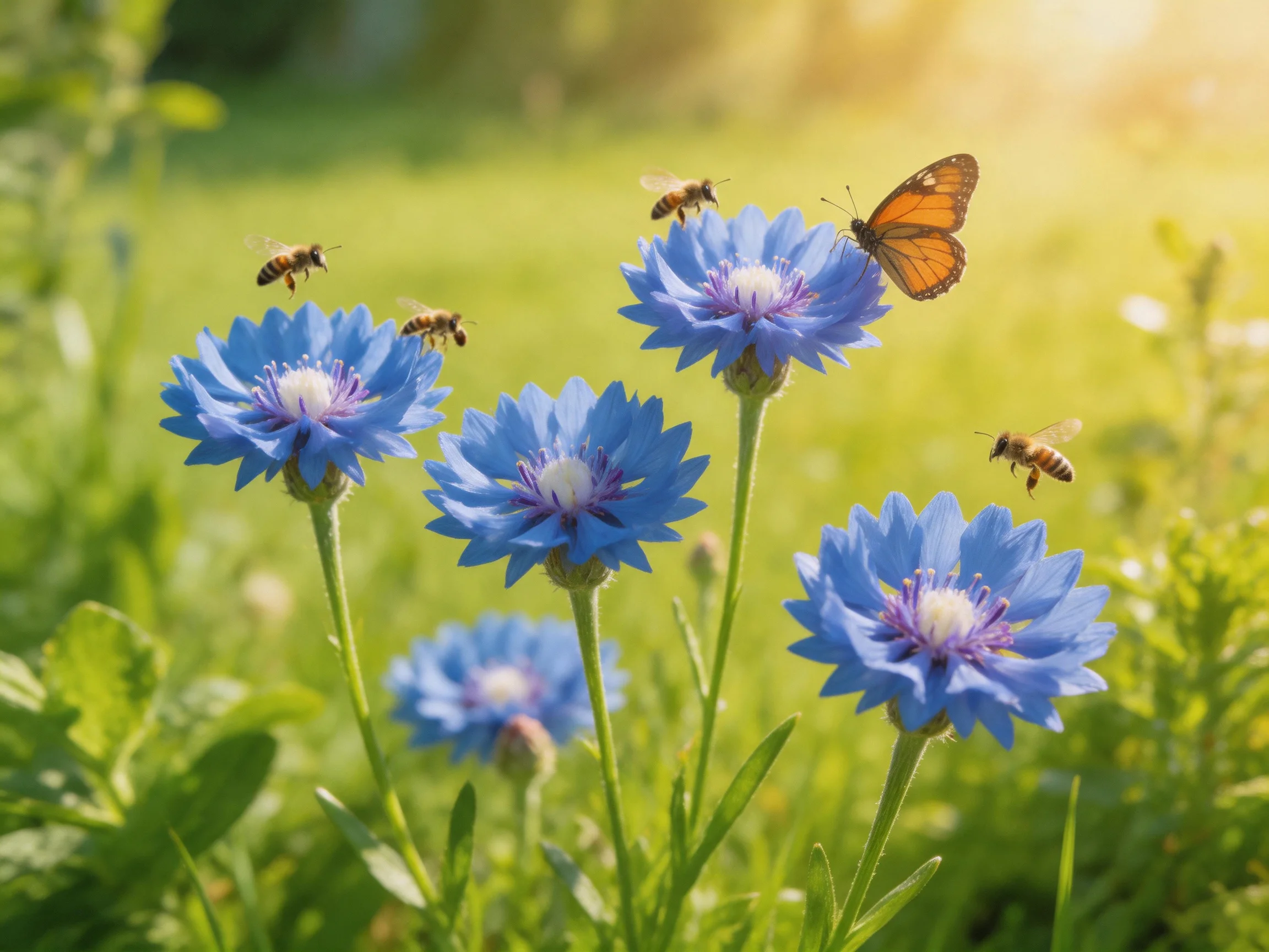 Five blue cornflowers flourish with bees and a monarch butterfly in a sunlit meadow