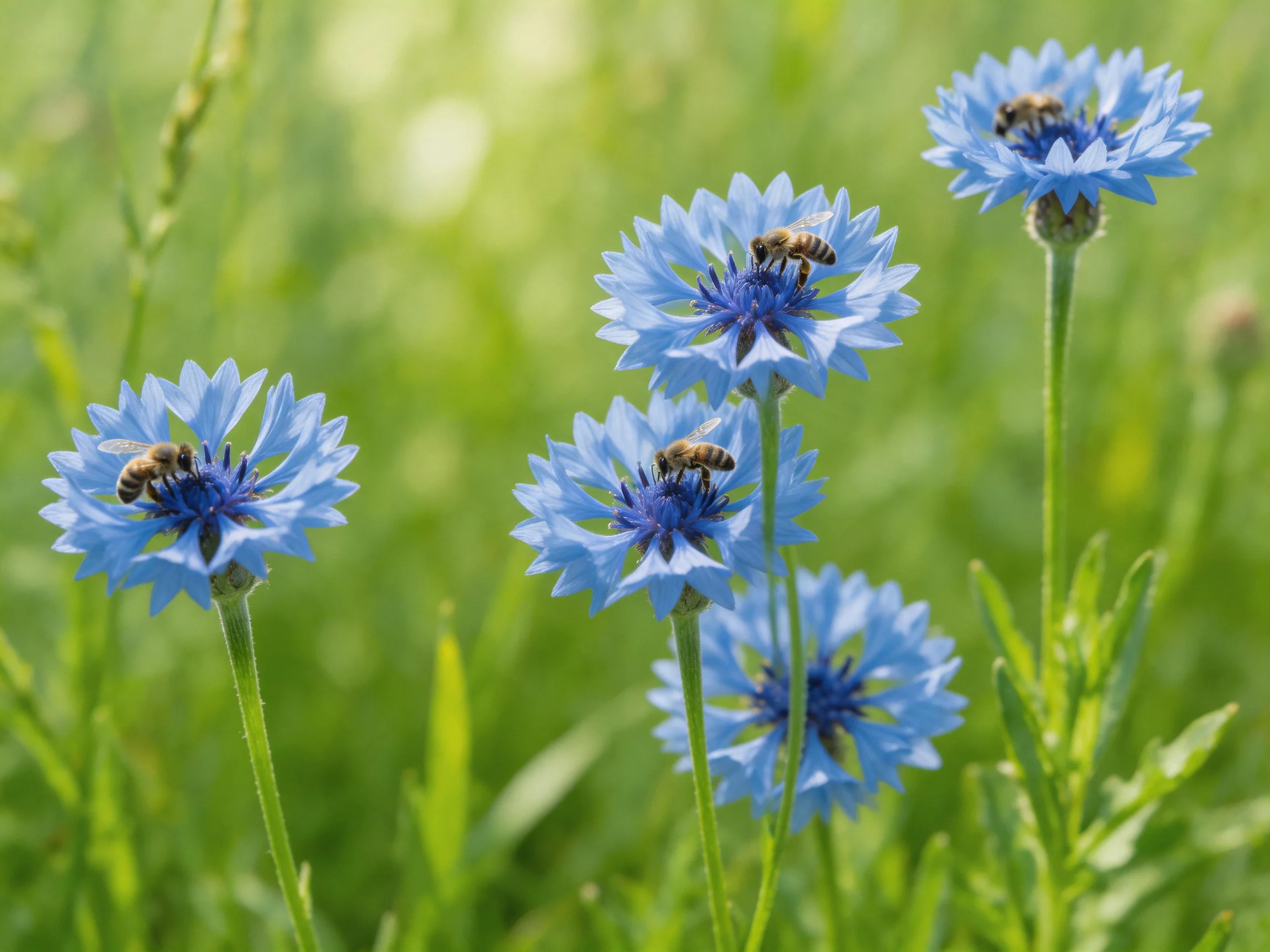 Five blue cornflowers with bees pollinating in a lush meadow