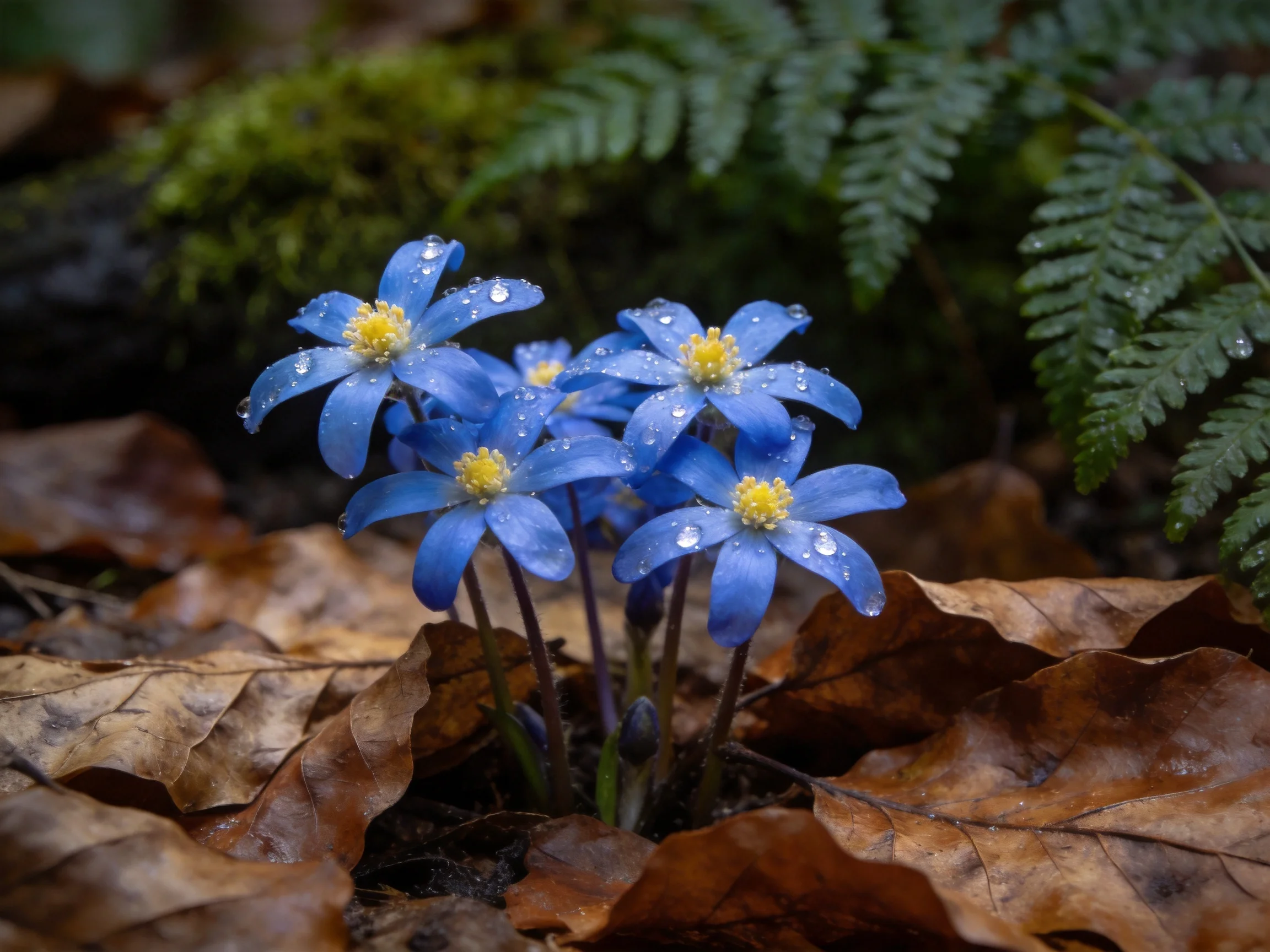Five blue flowers with dewdrops amid brown leaves and green ferns