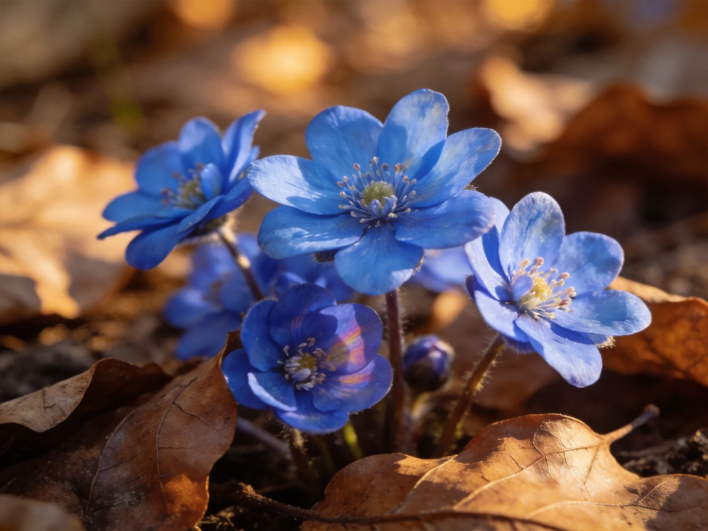 Five bright blue flowers bloom among dried brown autumn leaves