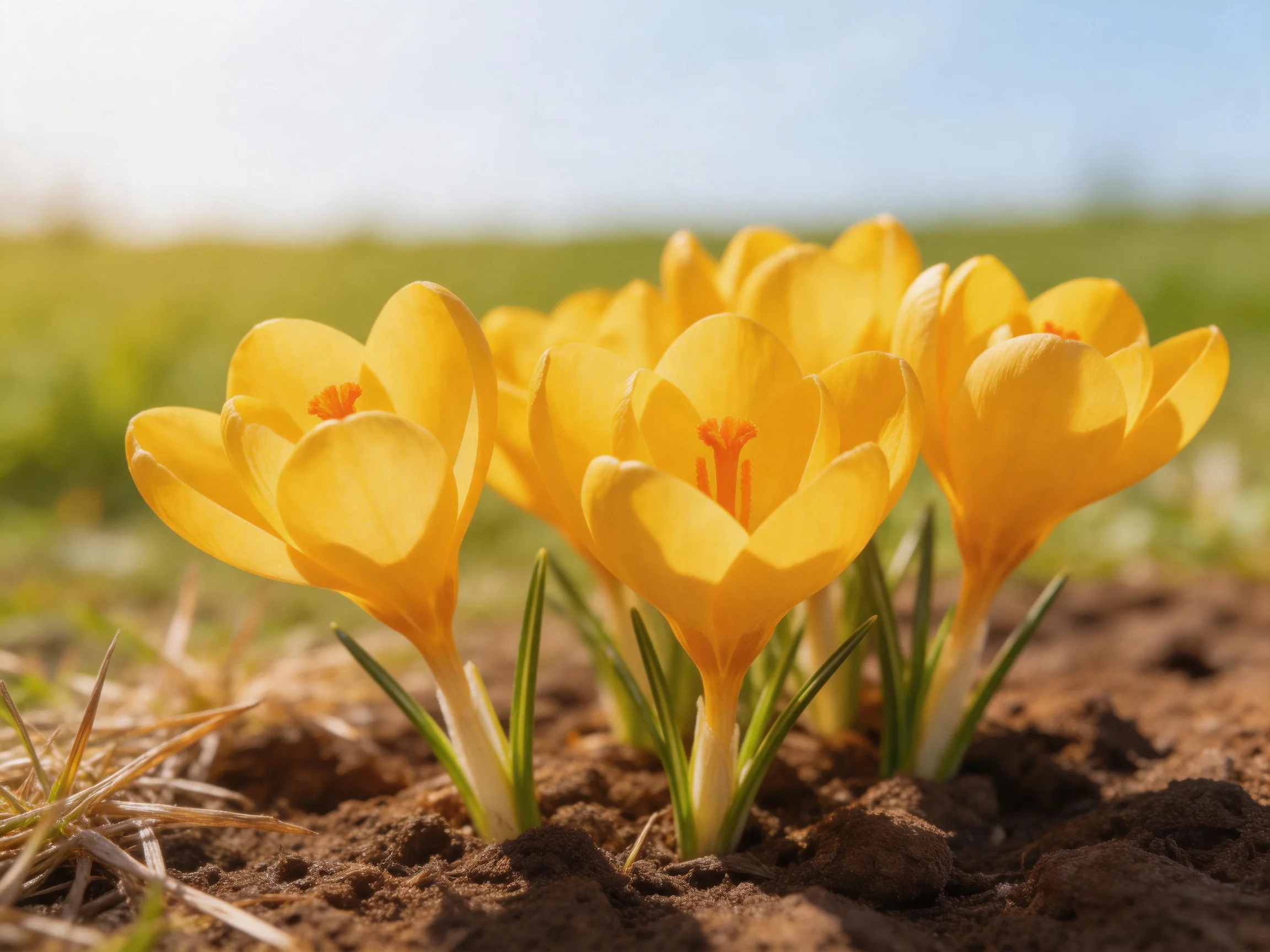 Five bright yellow crocus flowers blooming in rich brown soil