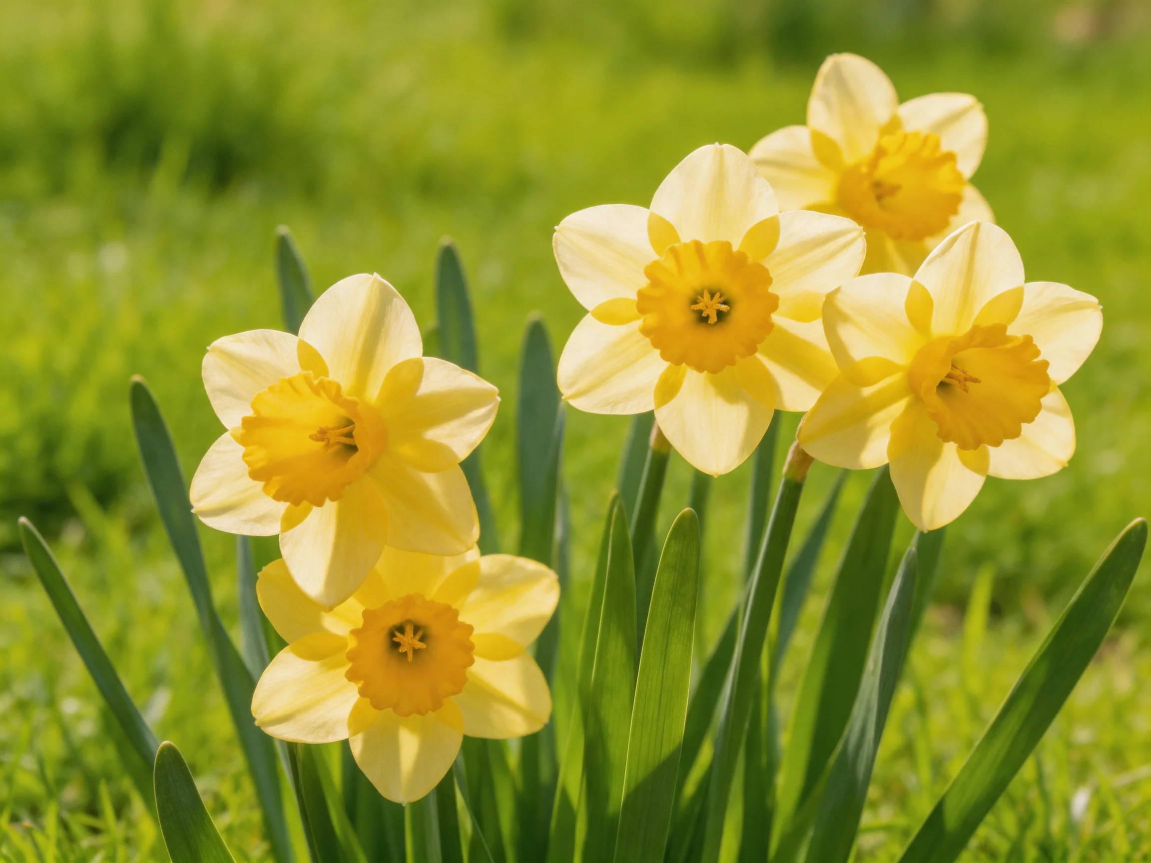 Five bright yellow daffodils bloom among lush green grass