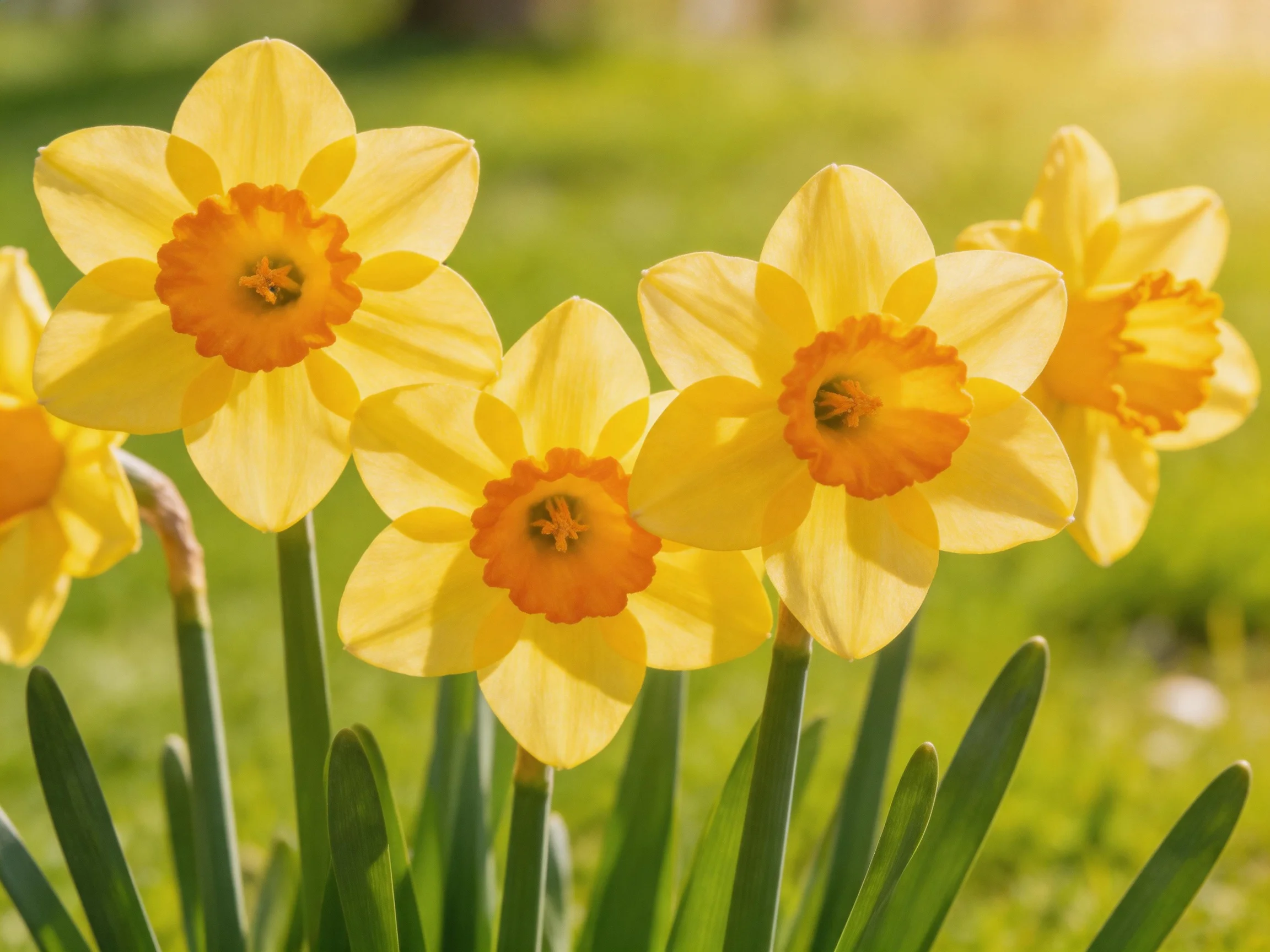 Five bright yellow daffodils bloom in a sunlit green garden