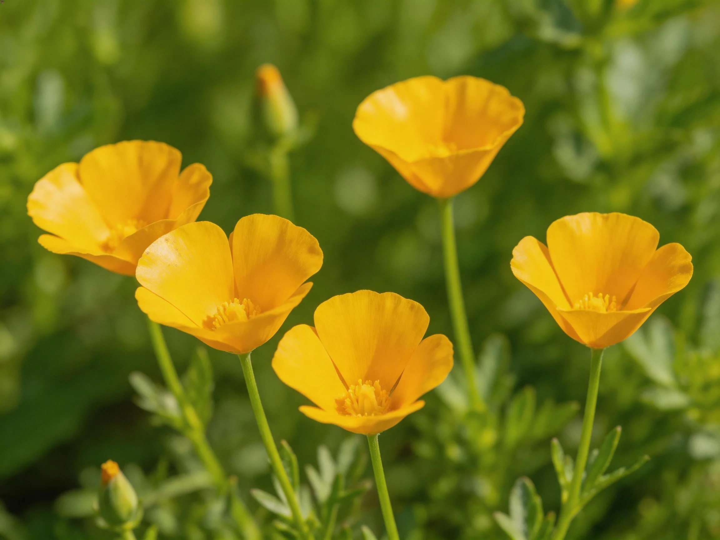 Five bright yellow poppies bloom amid lush green foliage