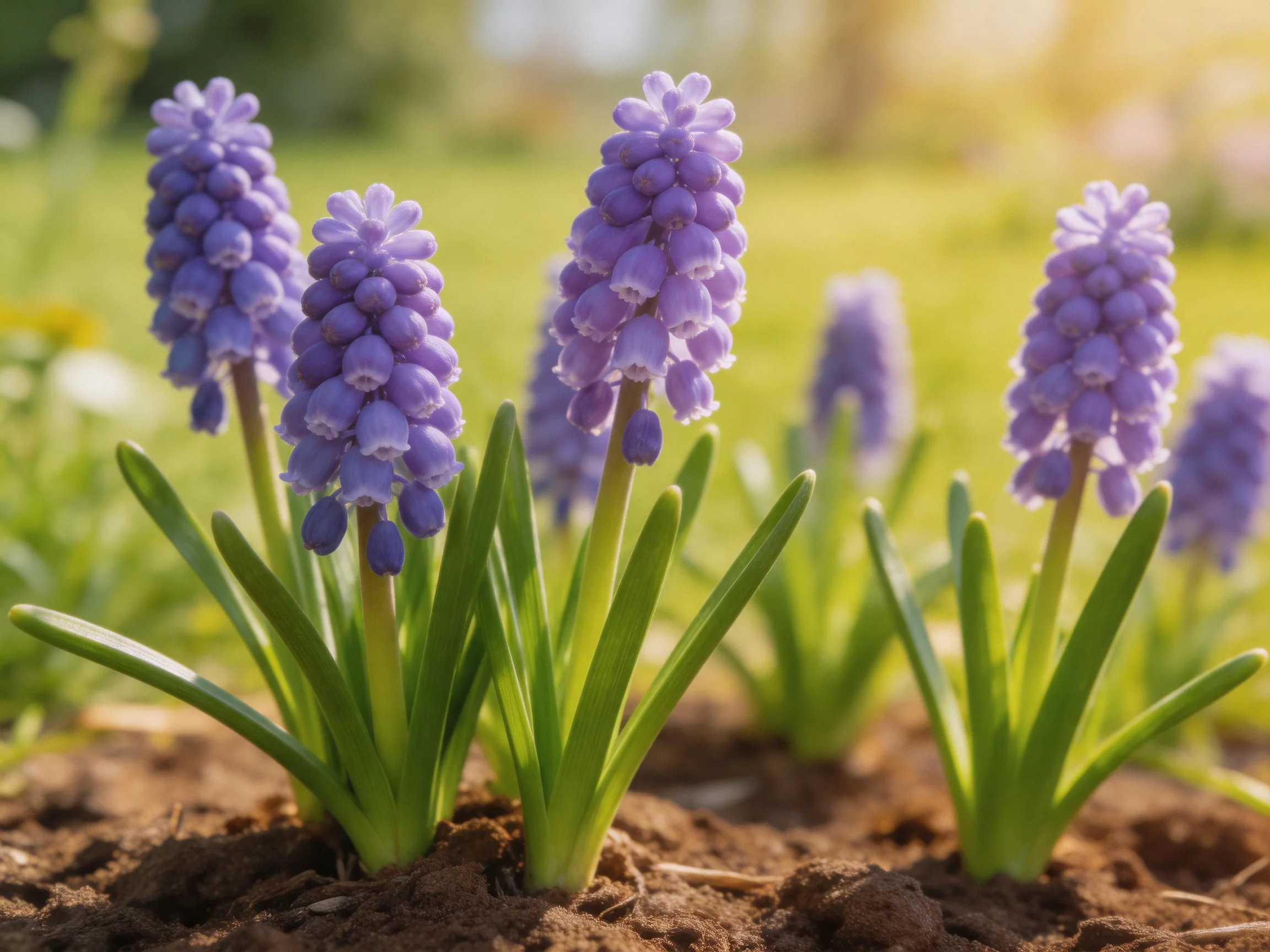 Five clusters of vibrant purple flowers bloom in a sunlit garden