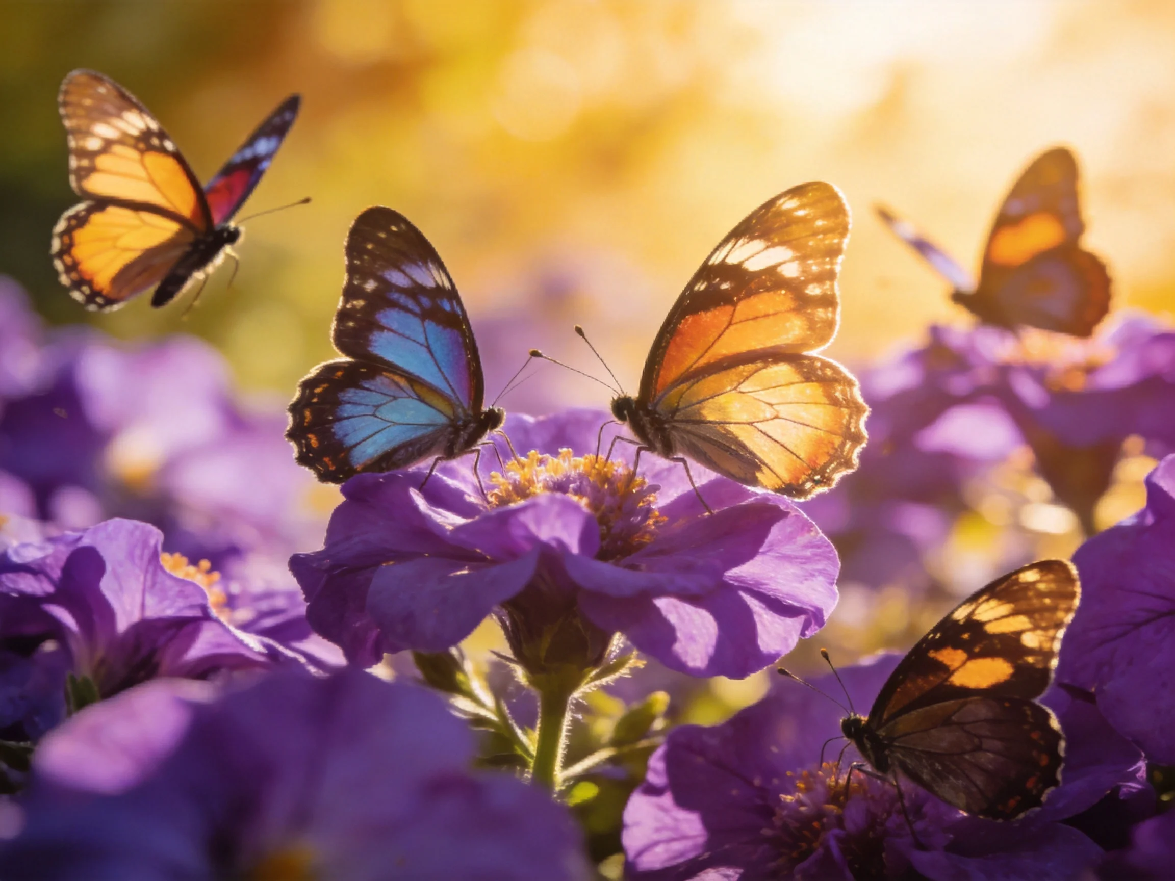 Five colorful butterflies gather around vibrant purple blooms in golden sunlight.