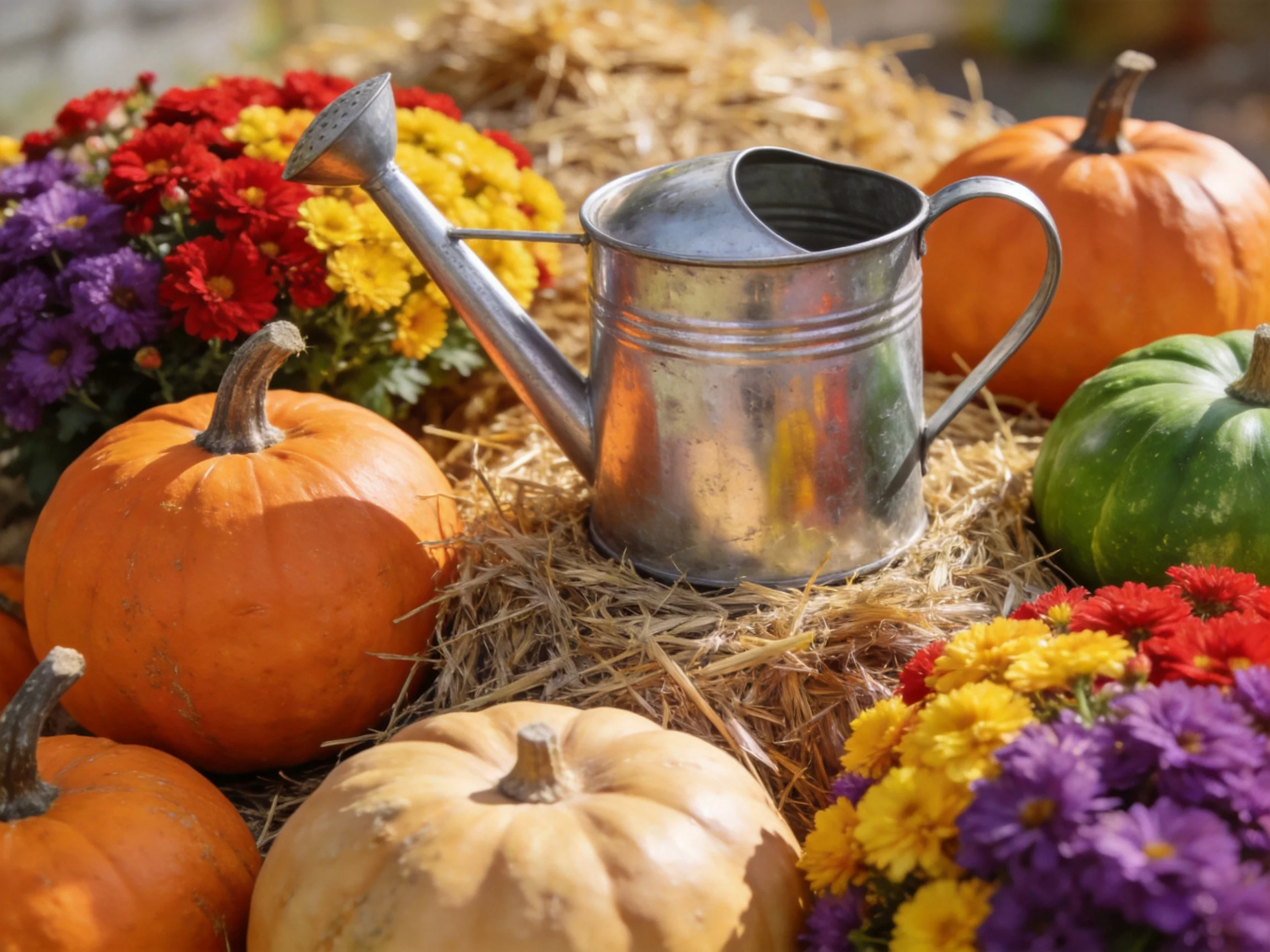 Five colorful pumpkins, vibrant flowers, and a metal watering can on straw