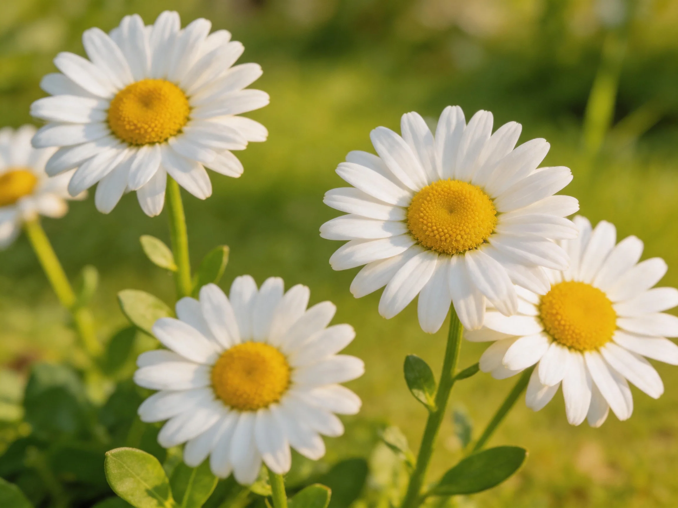 Five daisies with white petals and golden centers bloom amid green foliage