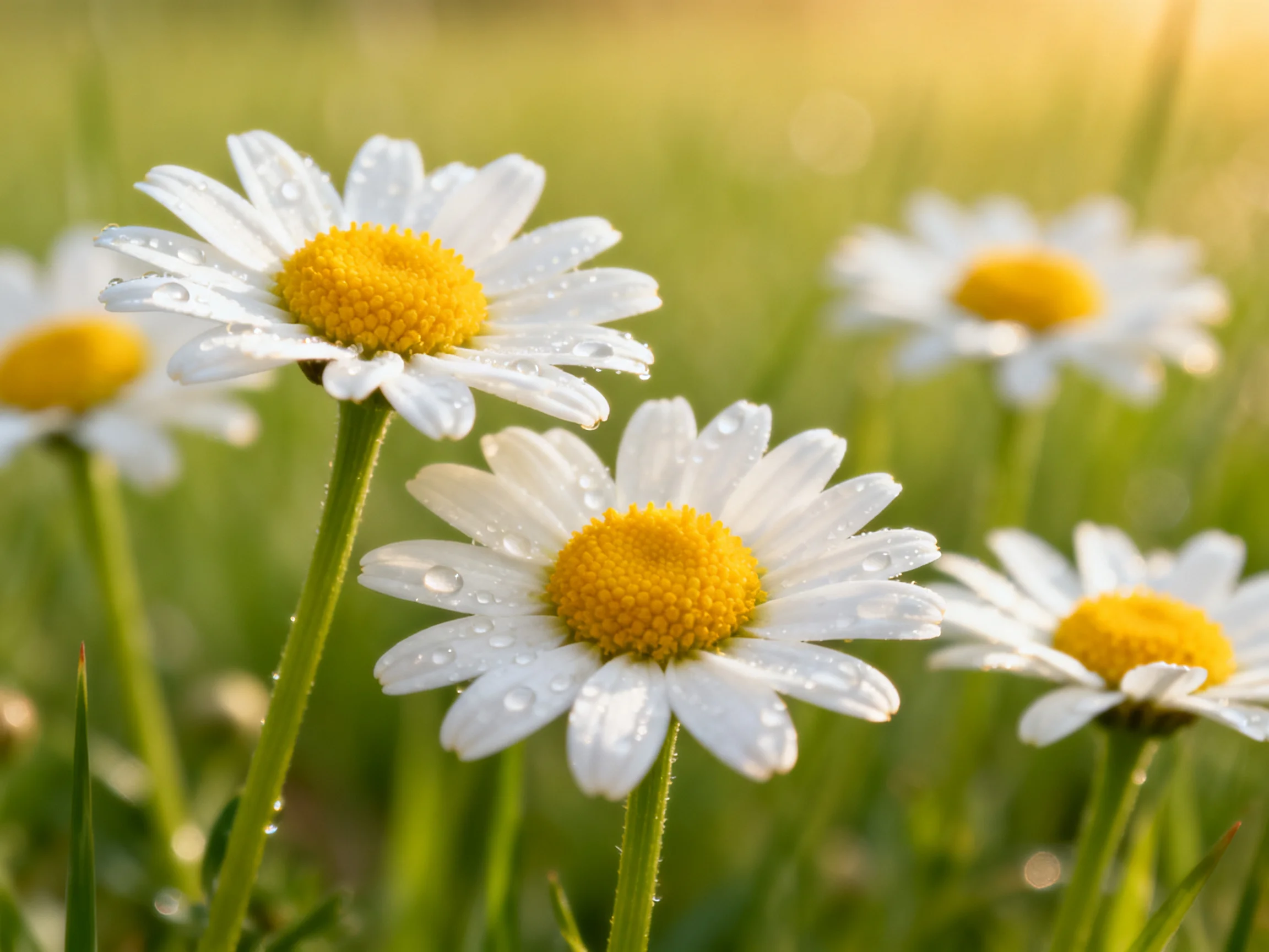 Five daisies with white petals and yellow centers in a dewy meadow