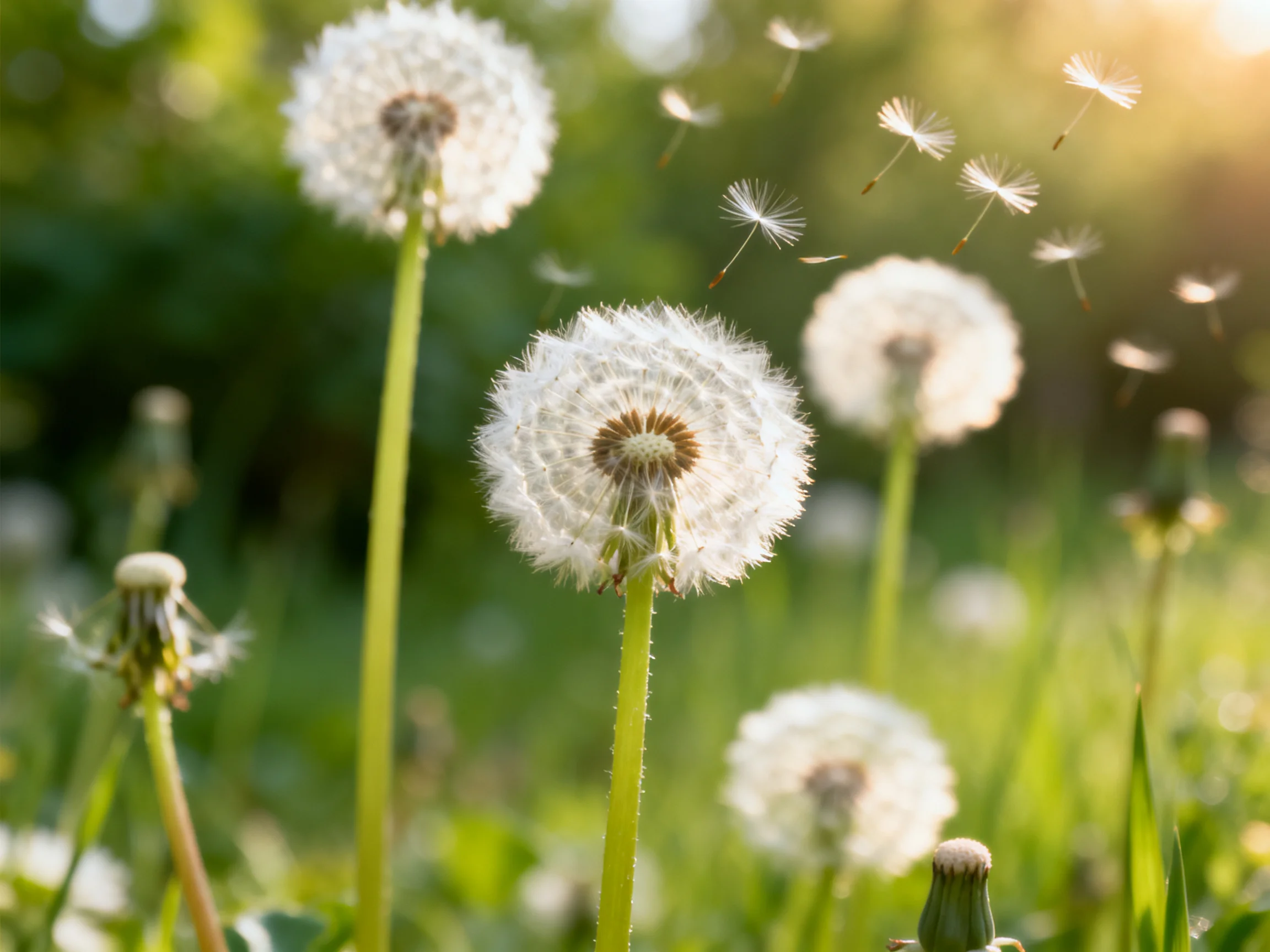 Five dandelion seed heads with white fluff and green stems in sunlight
