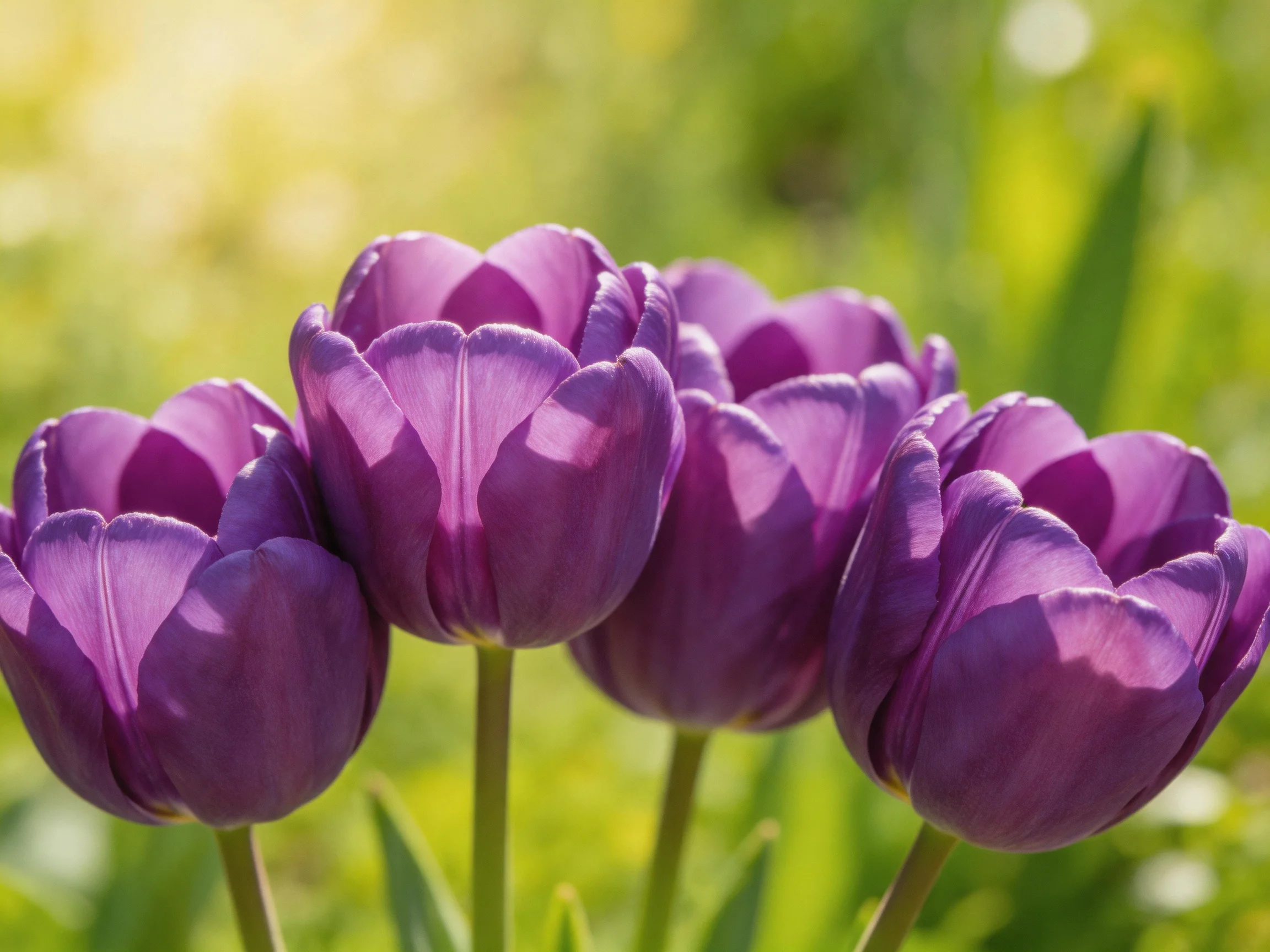 Five deep purple tulips clustered in a sunlit garden
