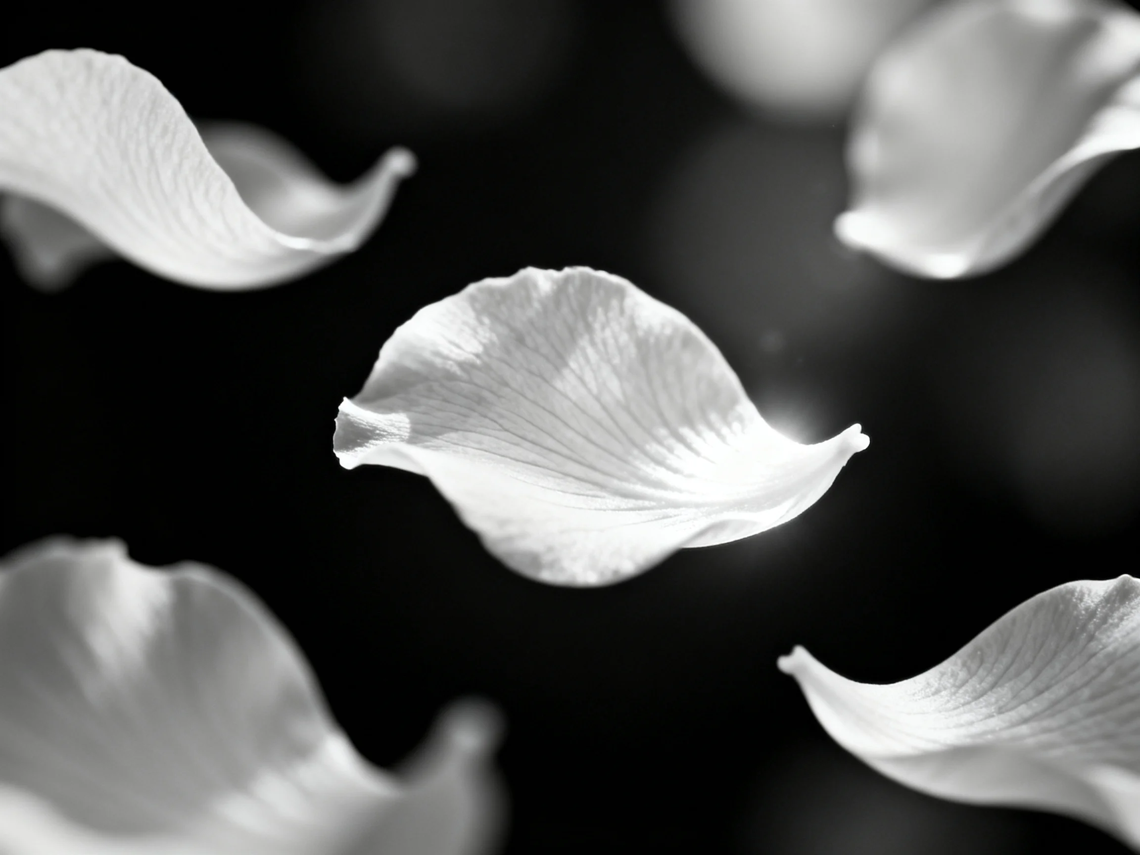 Five delicate flower petals floating in monochrome darkness
