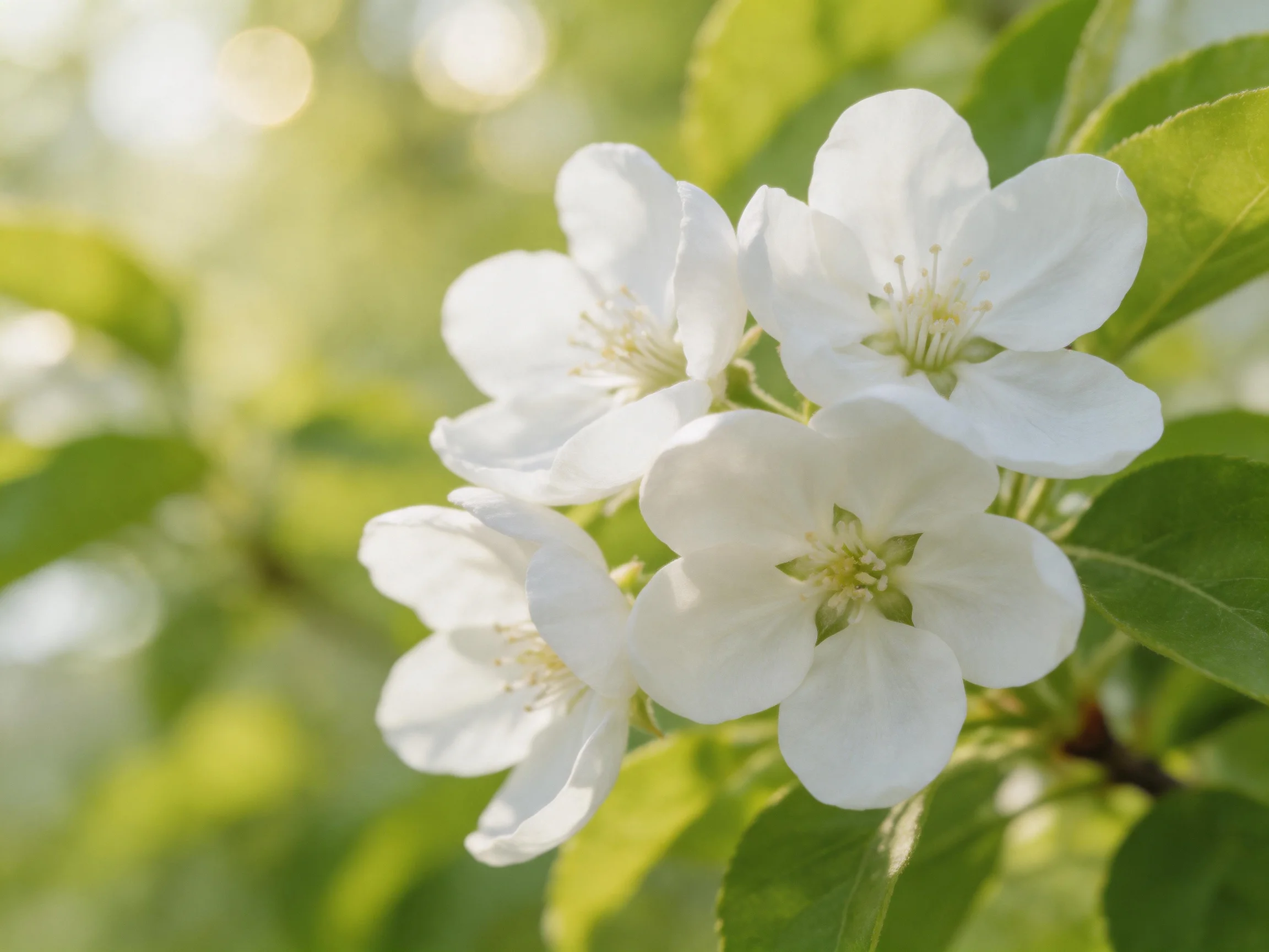 Five delicate white blossoms bloom among vibrant green leaves