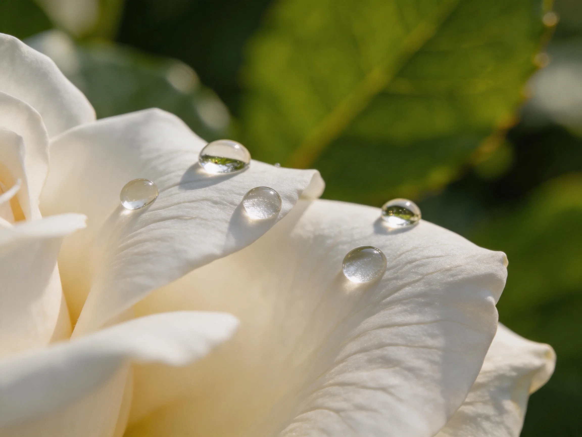 Five dewdrops adorn a pristine white rose against lush green foliage