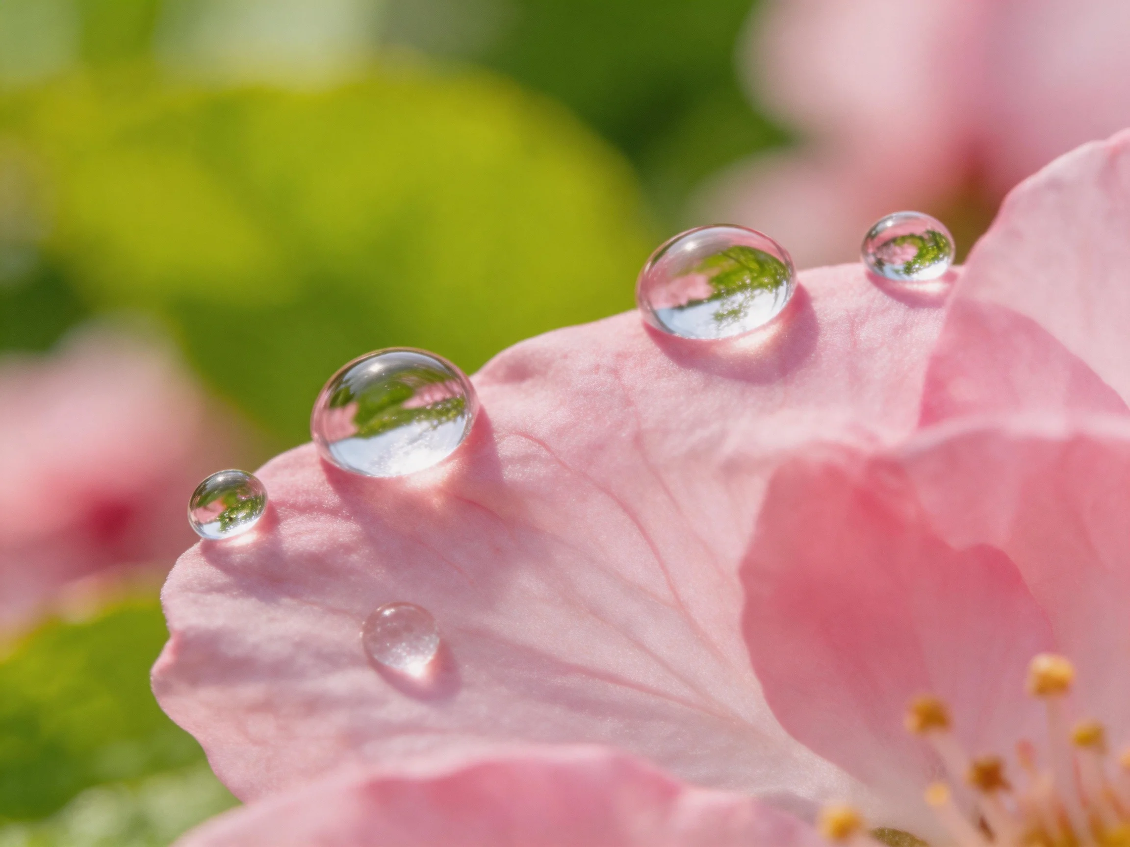 Five dewdrops grace a soft pink flower petal with green backdrop.