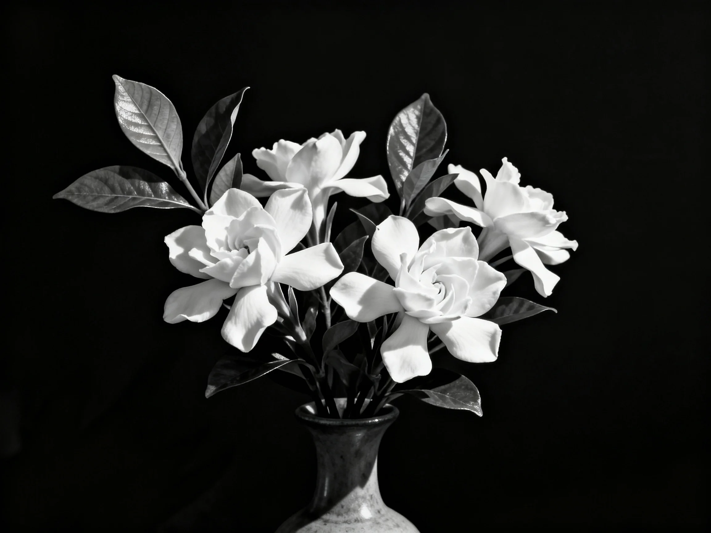Five gardenia blooms in a vase with dark leaves against a black background