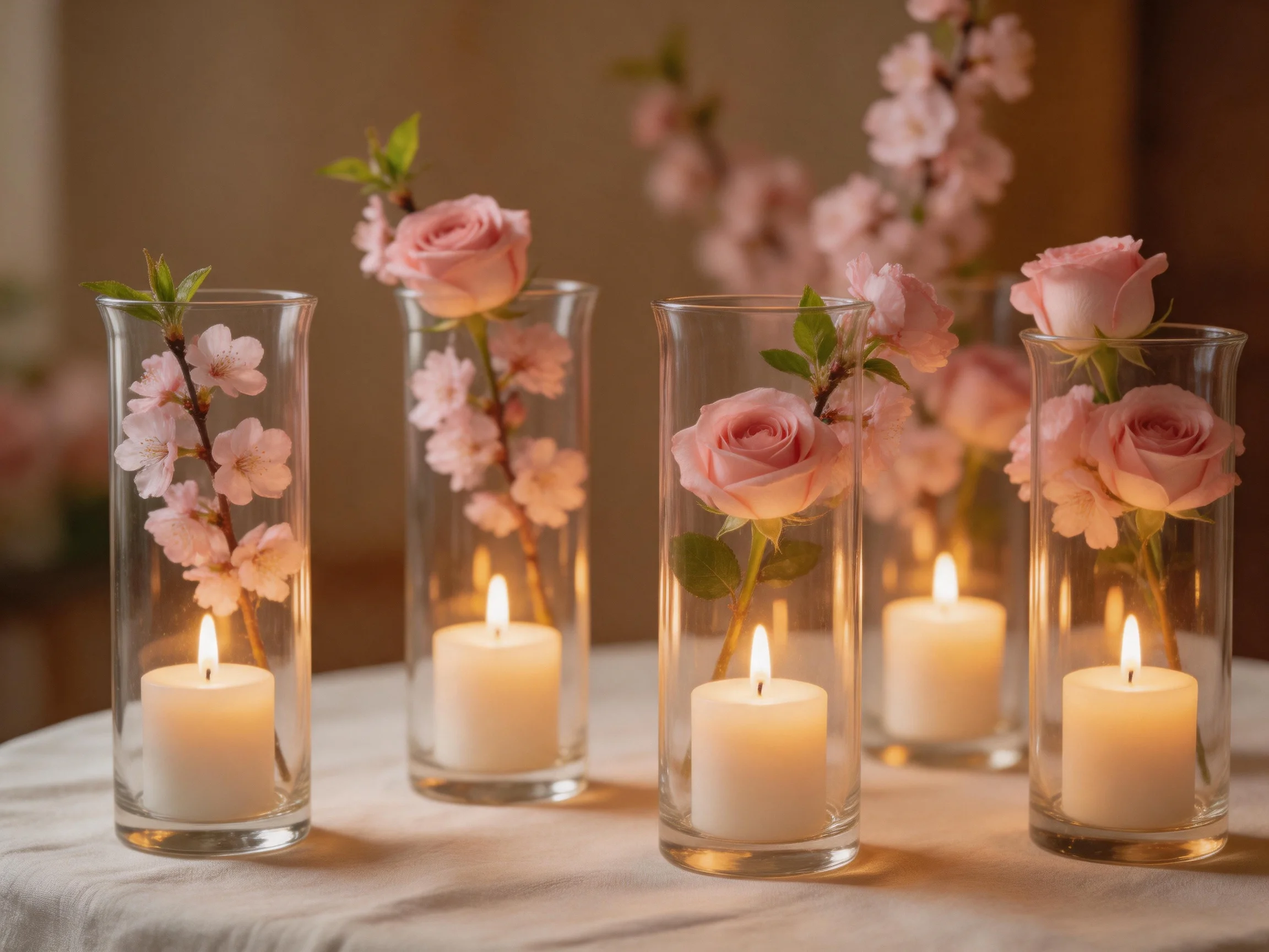 Five glass cylinders hold pink roses and cherry blossoms with lit candles