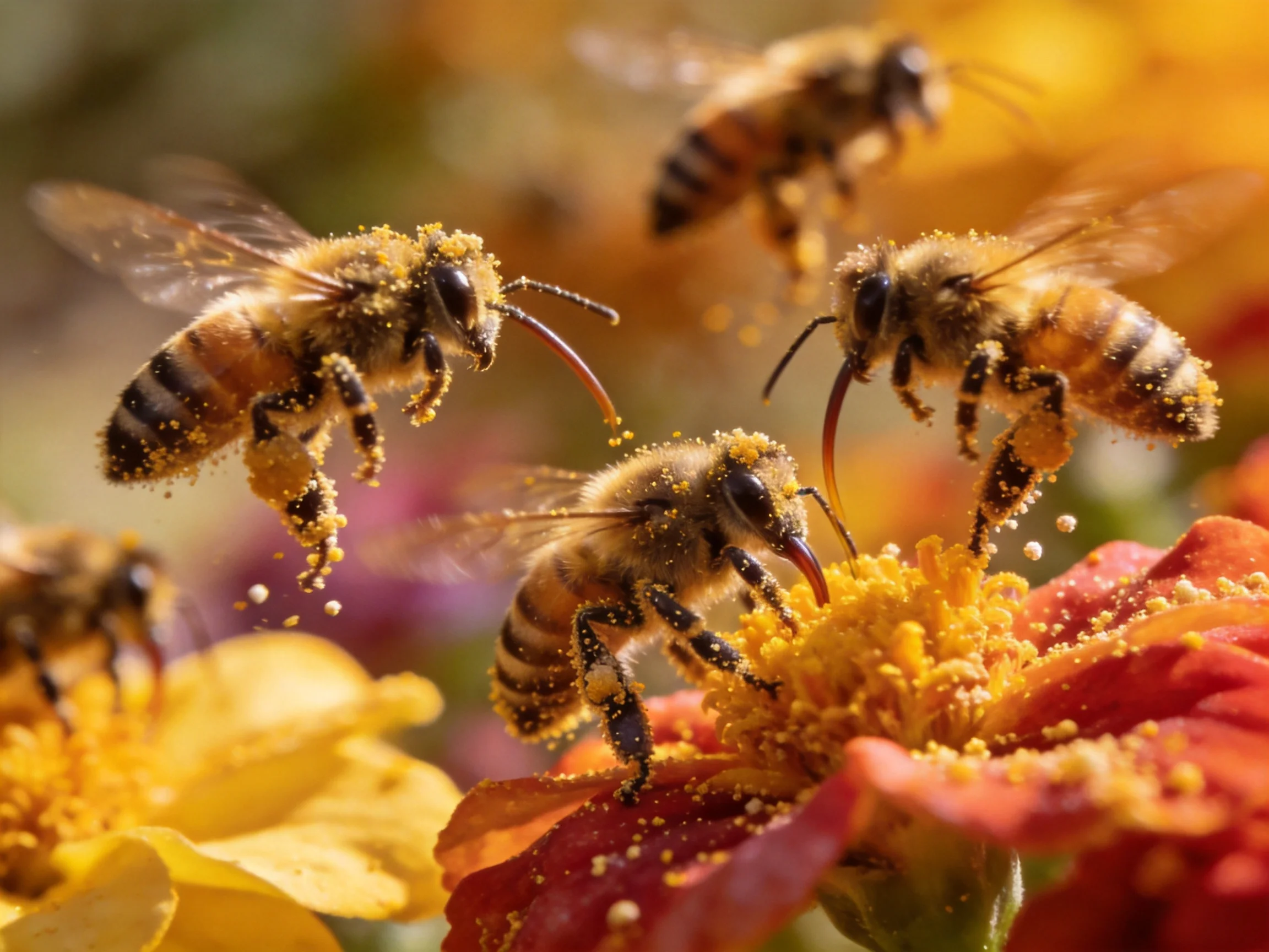 Five honeybees collecting pollen from vibrant orange and yellow flowers