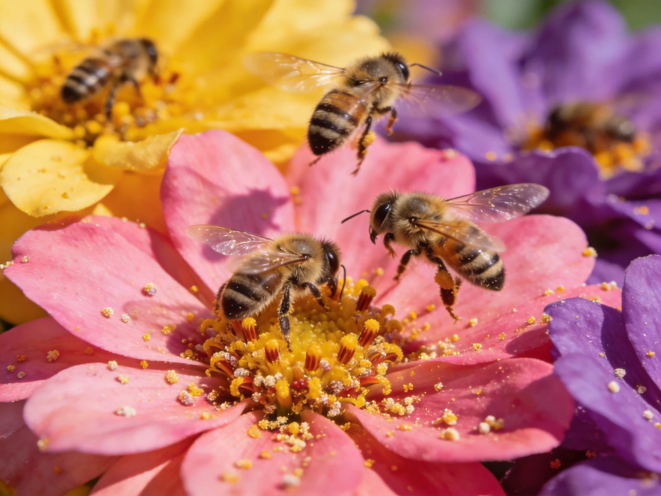 Five honeybees engaging with bright-colored flowers