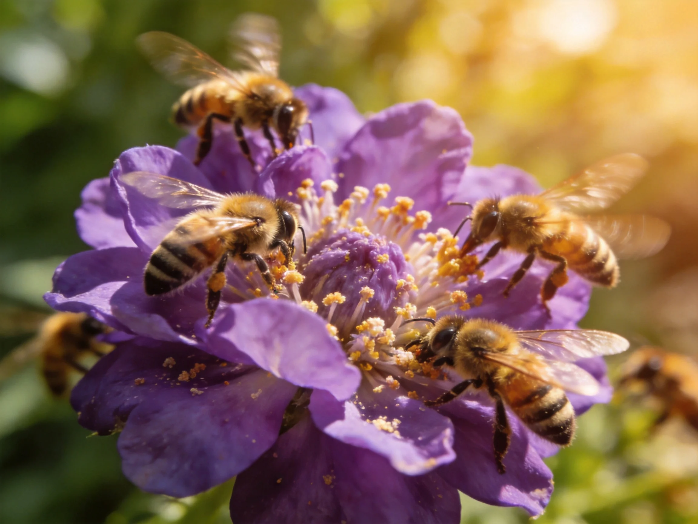 Five honeybees gather nectar from a vibrant purple flower