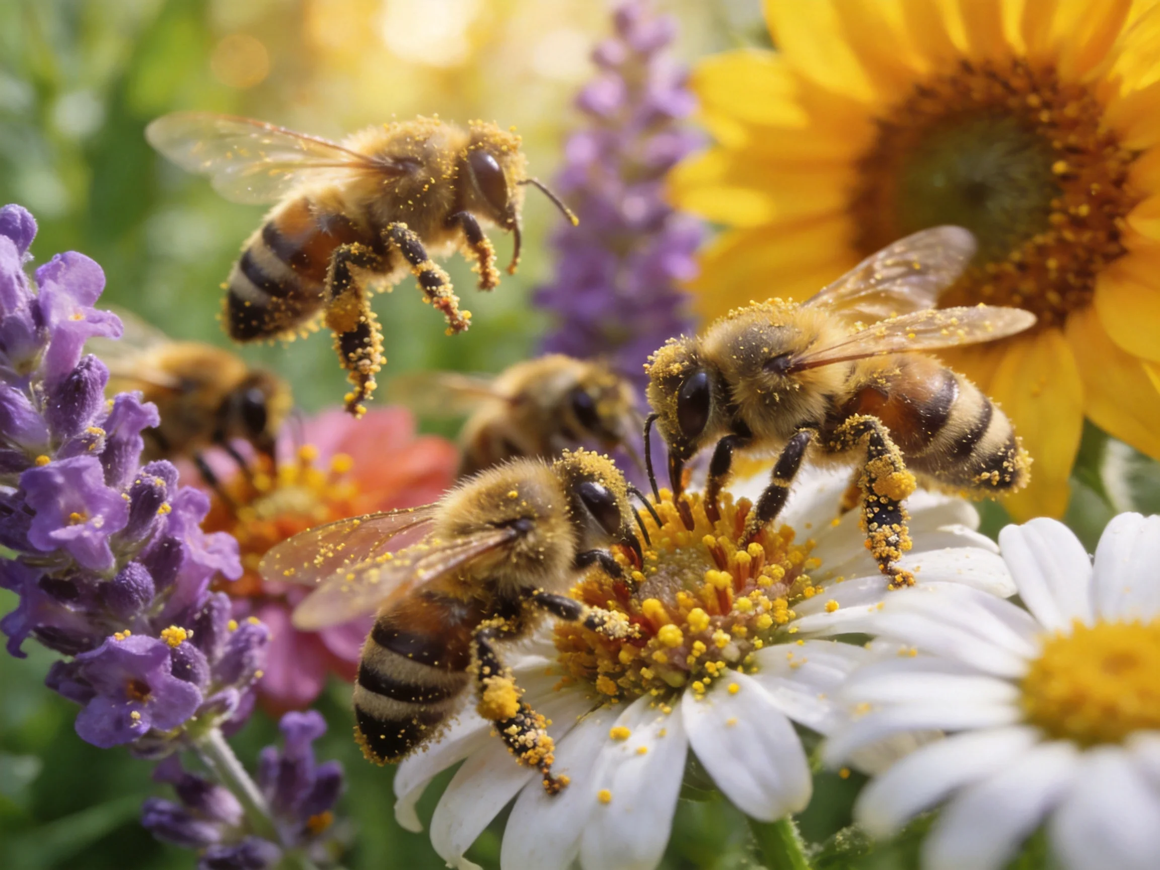Five honeybees gathering nectar from colorful blooms