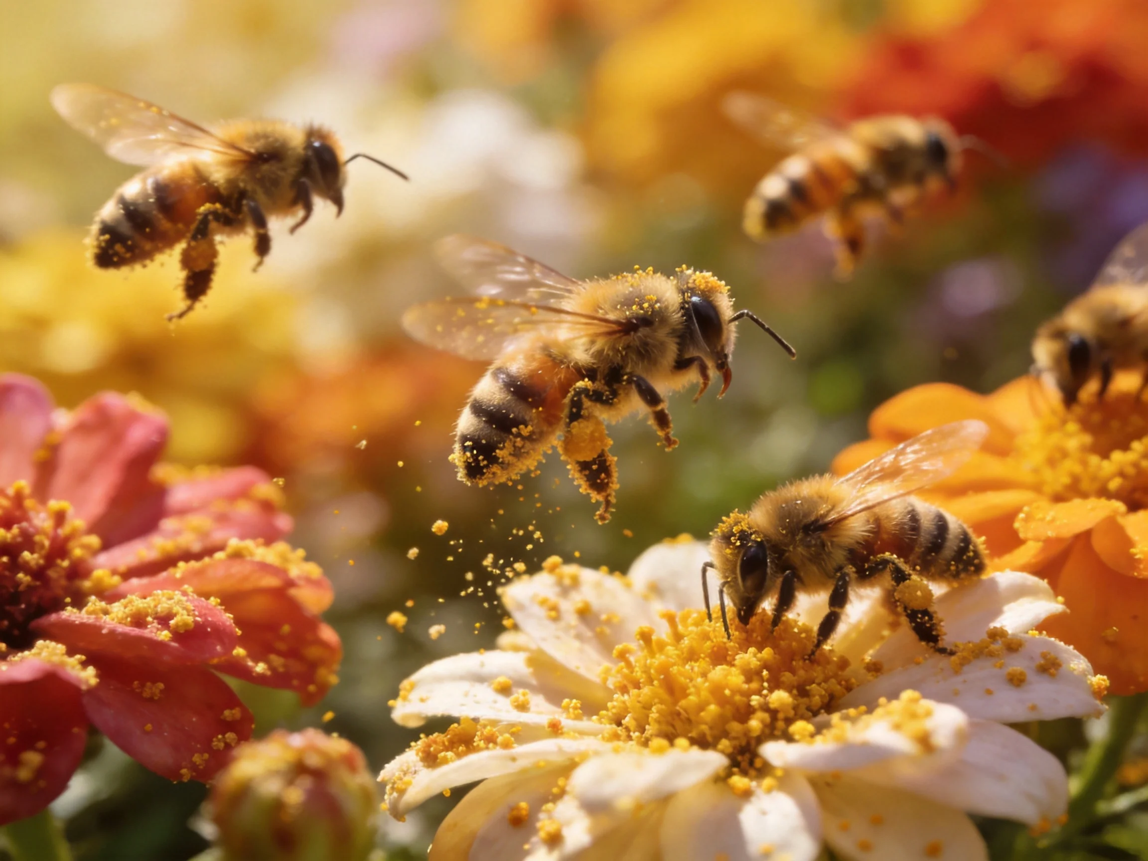 Five honeybees gathering pollen from vibrant flowers
