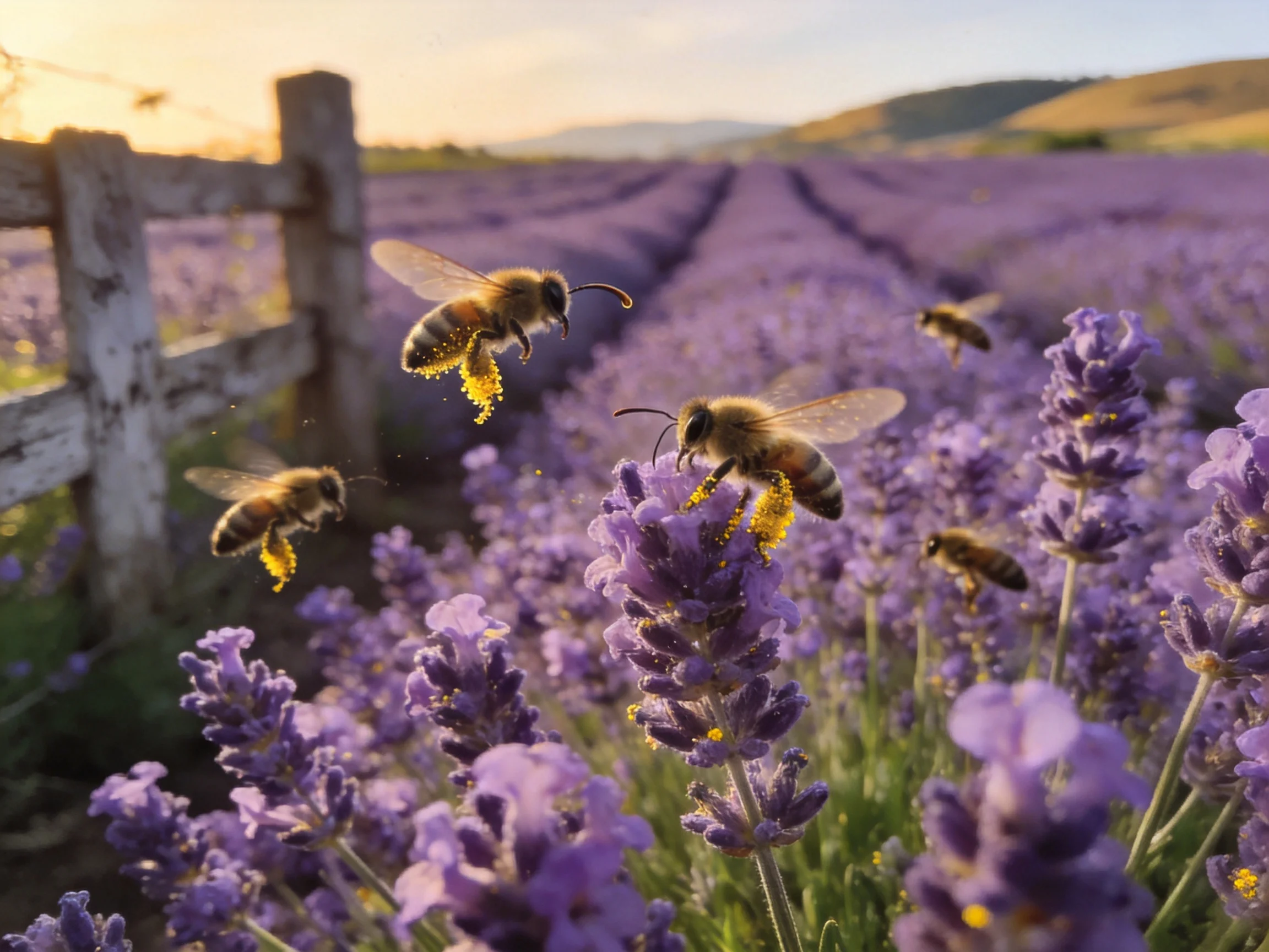 Five honeybees pollinate vibrant purple lavender fields near a weathered wood fence