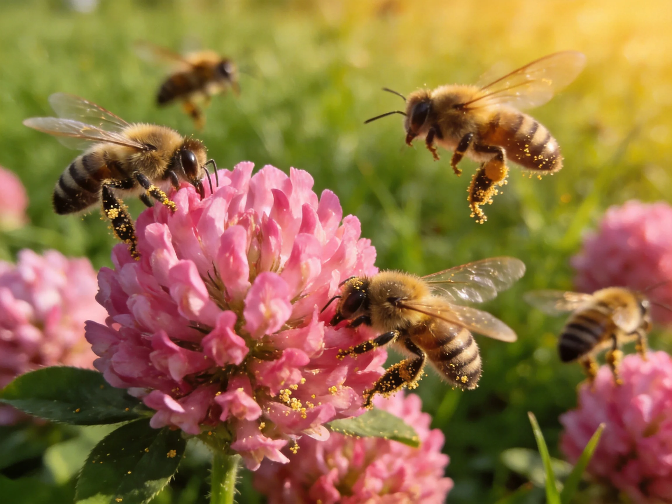 Five honeybees pollinating vibrant pink clover blooms in a sunny meadow