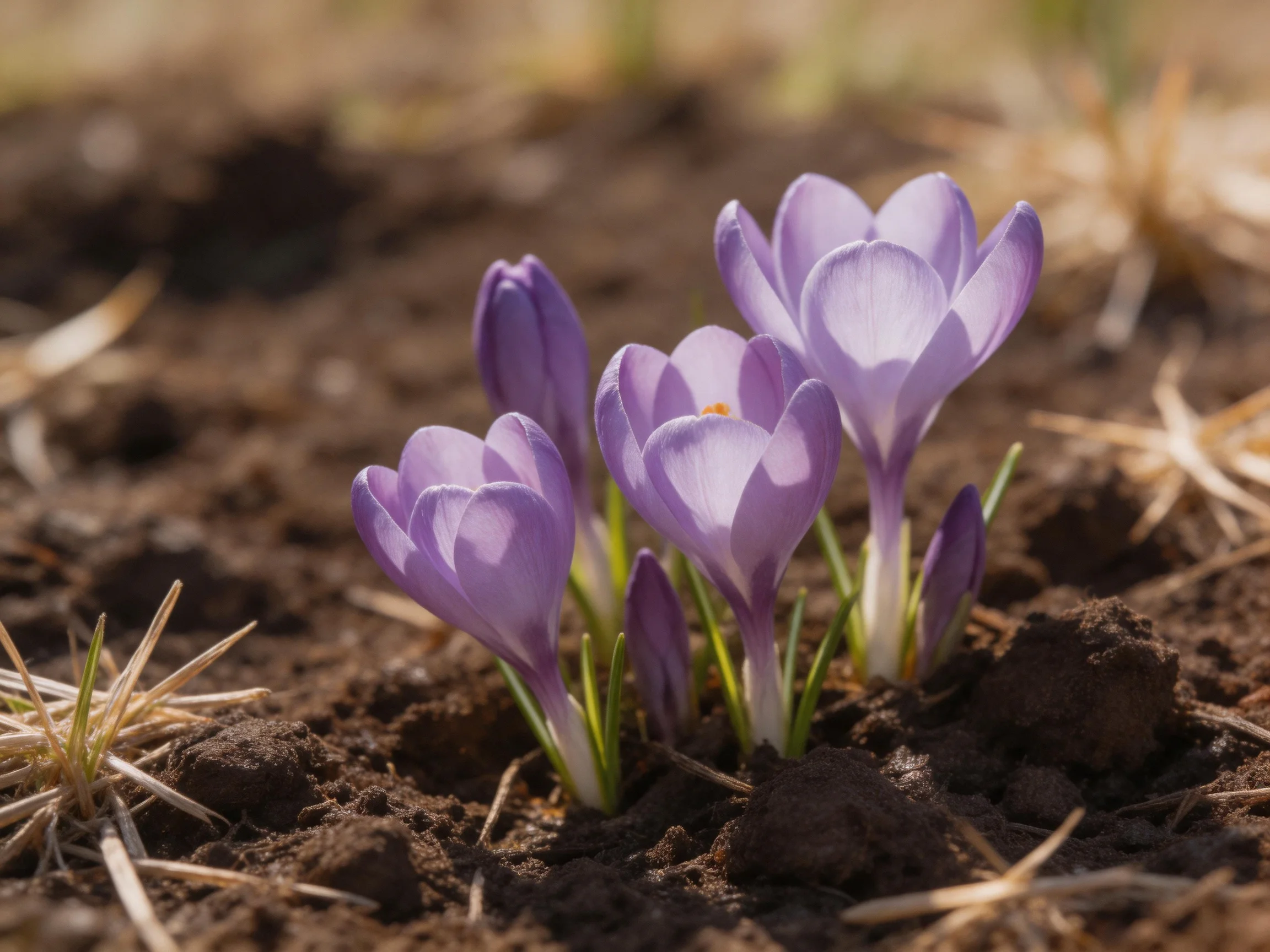 Five lavender crocus blooms emerging from dark earth